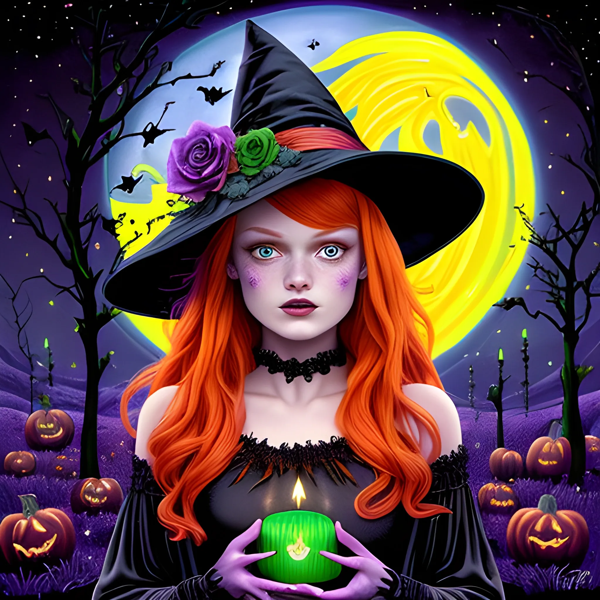 Bella Thorne / Sadie Sink face morph as a Halloween Witch, wearing a thorny witch hat adorned with thorns and black roses; Halloween, bats, full moon in a nebula sky, neon spray paint, acrylic paint, fantastical surrealist world, in the style of Stephen Gammell, extremely detailed, sick, gothic, eldritch, candles, neon grape purple, dayglo orange, chartreuse green, Halloween perfect purple pumpkins, green skulls, orange bats, magic, candles, cobweb, spider, glitter, luminous color sparkles, dayglo orange, neon grape purple, chartreuse green, hot pink, stars, sparkles, glitter, lanterns, gourds, Halloween; Goddess of the Night with a crescent moon and many stars in the style of Maxfield Parrish, starry night, James R. Eads, 3D