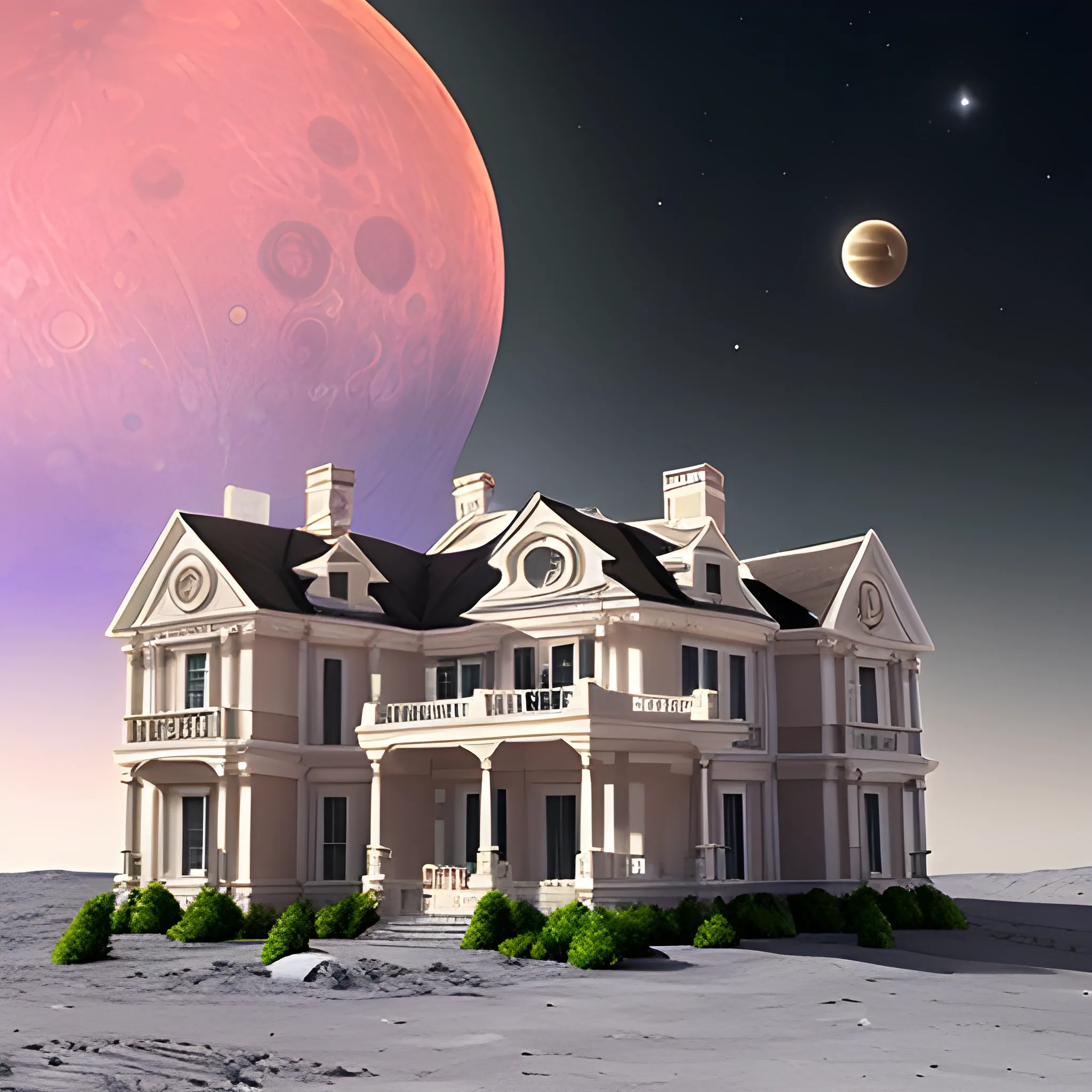 A mansion on the Moon with Jupiter in the background, 3D