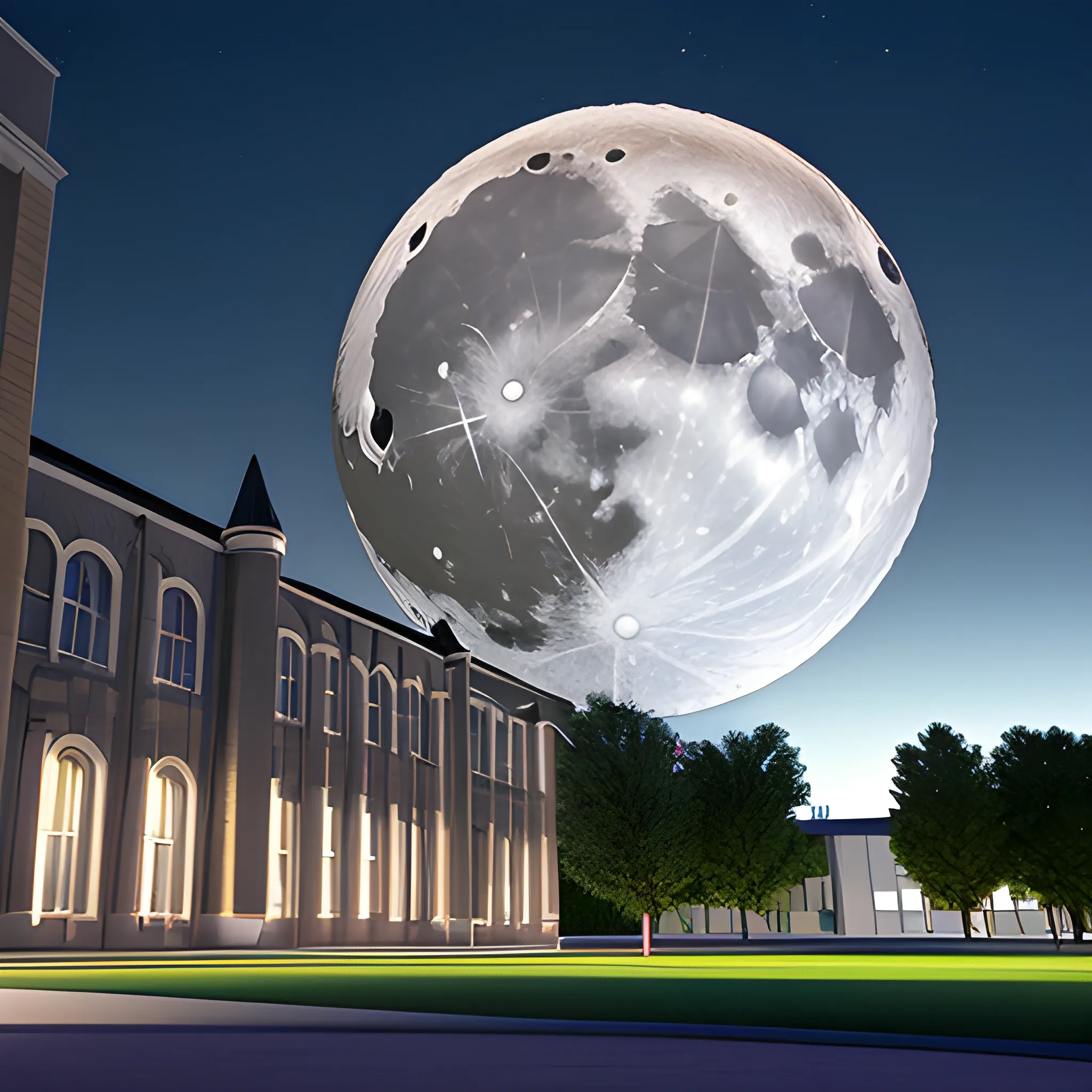 A moon hitting a university, 3D