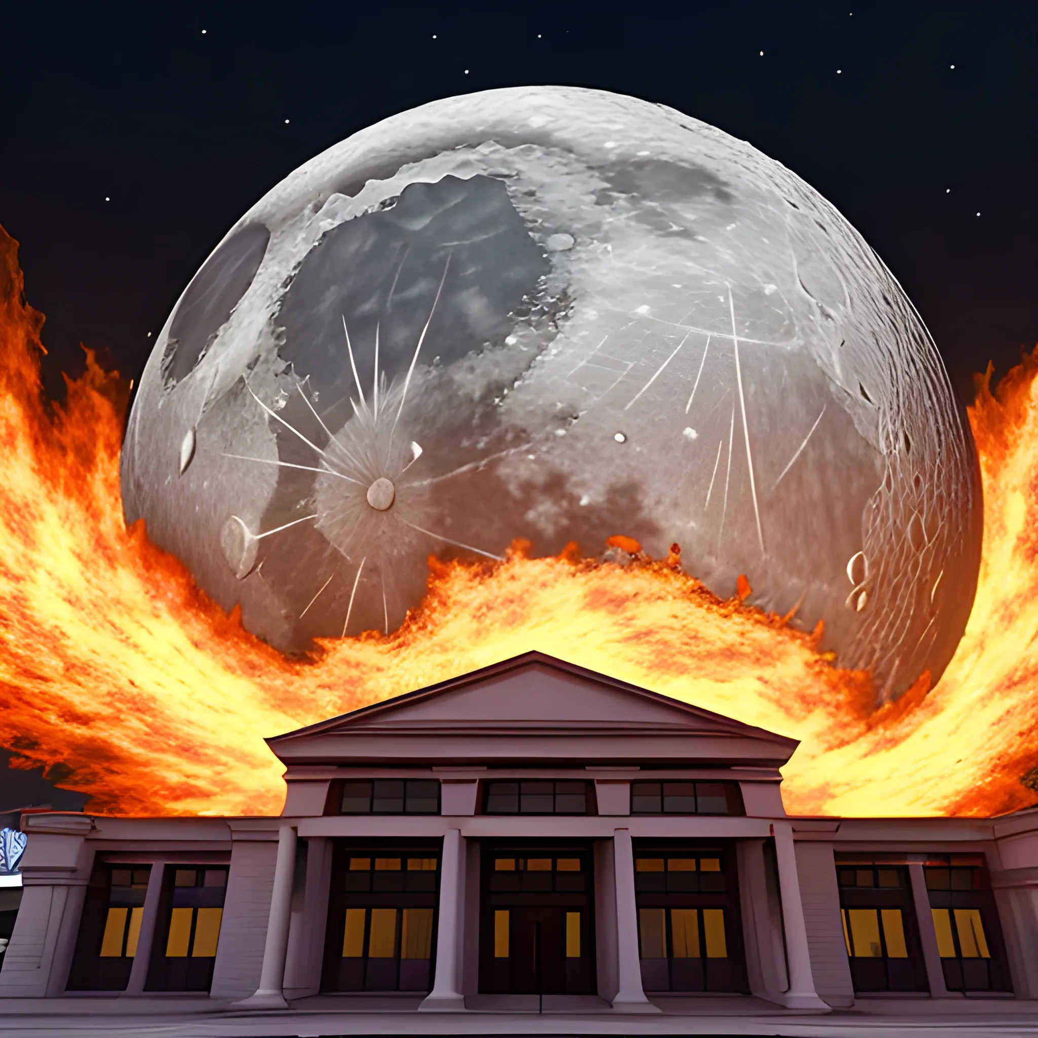 A moon impacting a university in flames, 3D