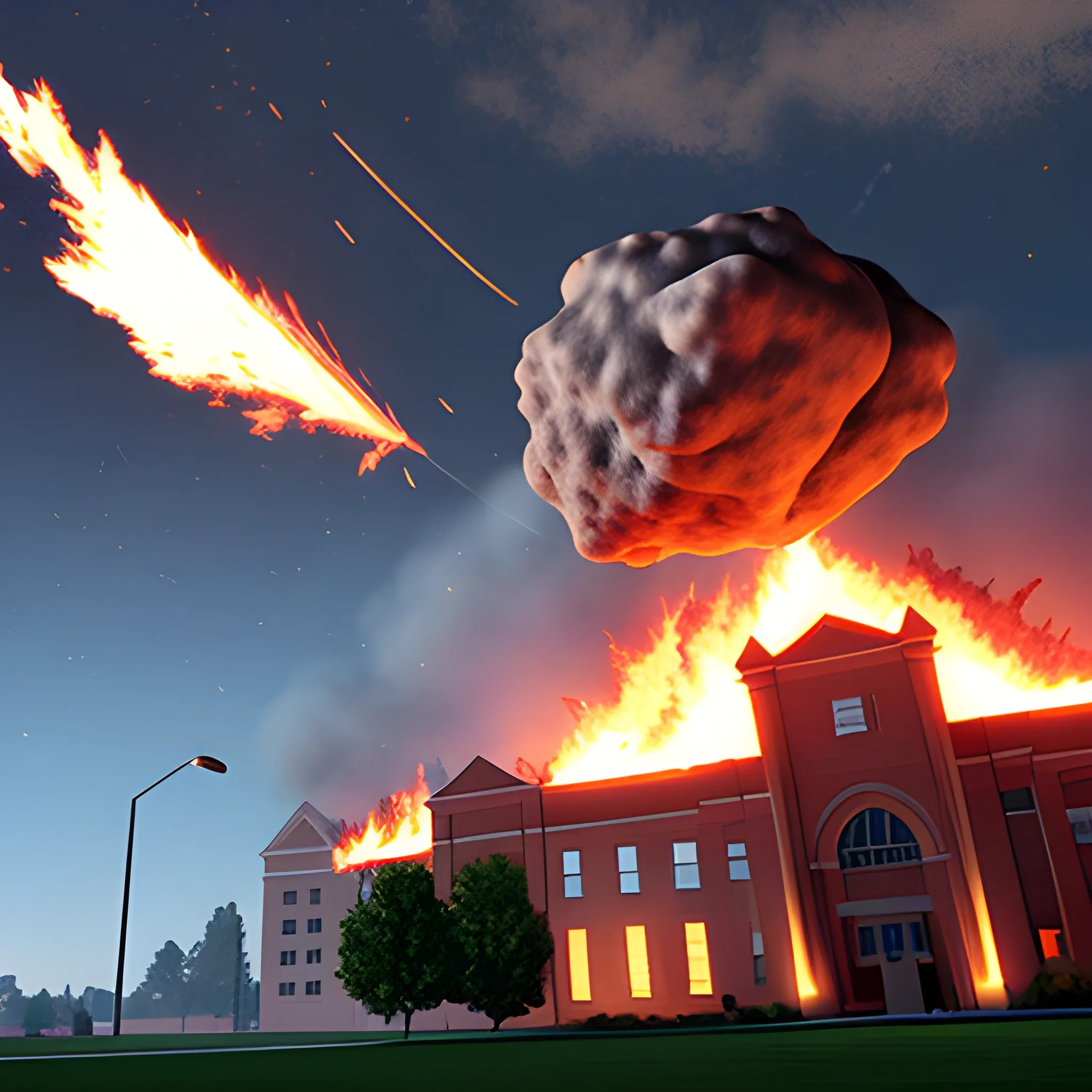 A meteor impacting a university in flames, 3D