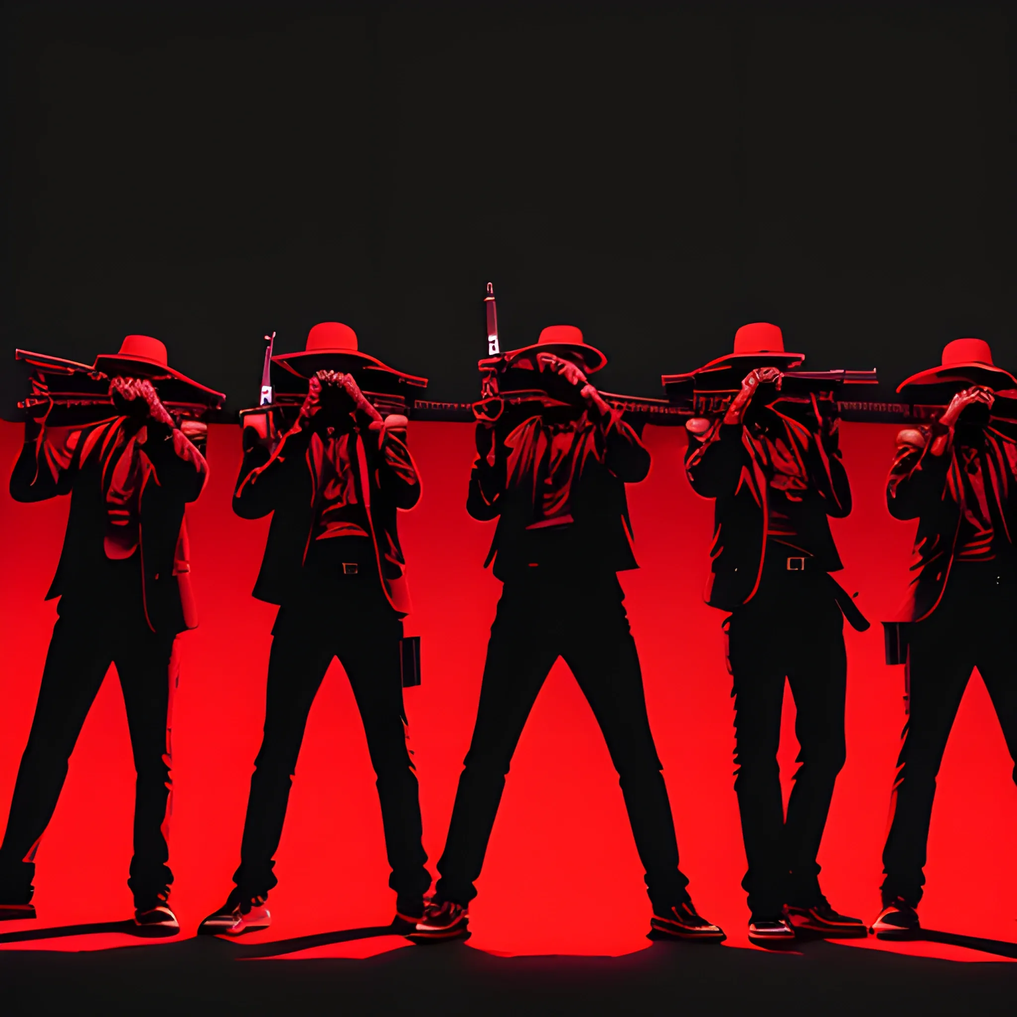 Black background with red gang handling guns , Trippy