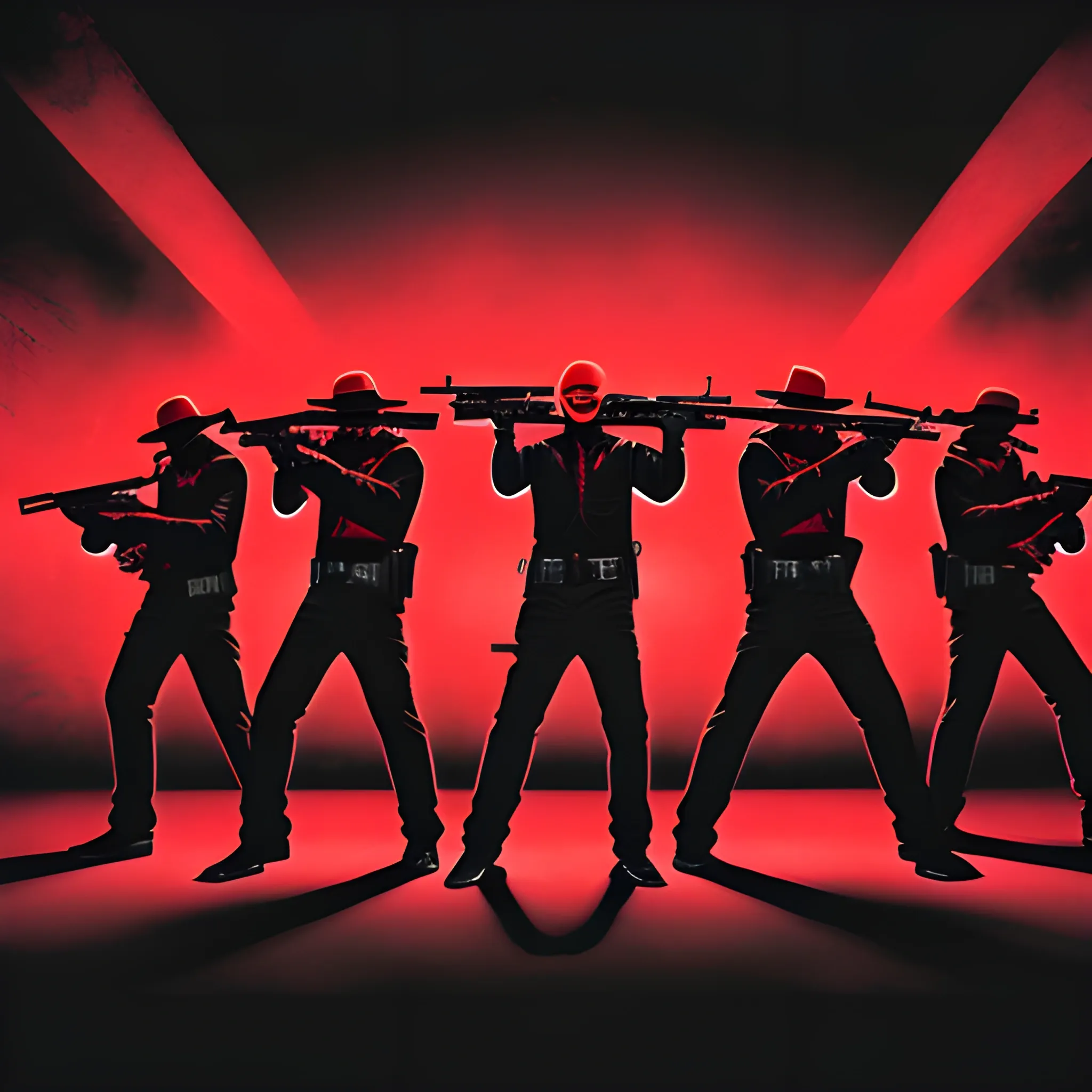 Black background with red gang handling guns , Trippy
