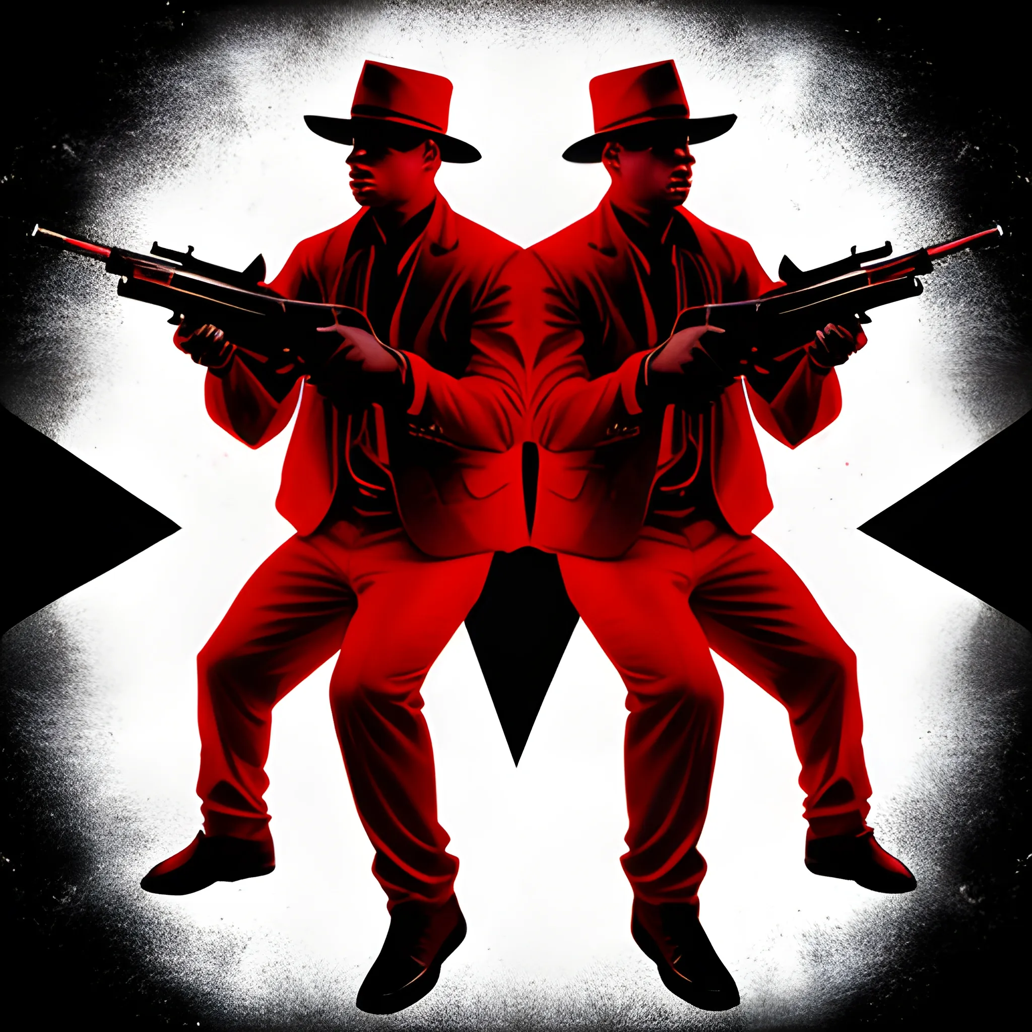 Black background with two red gang handling guns , Trippy