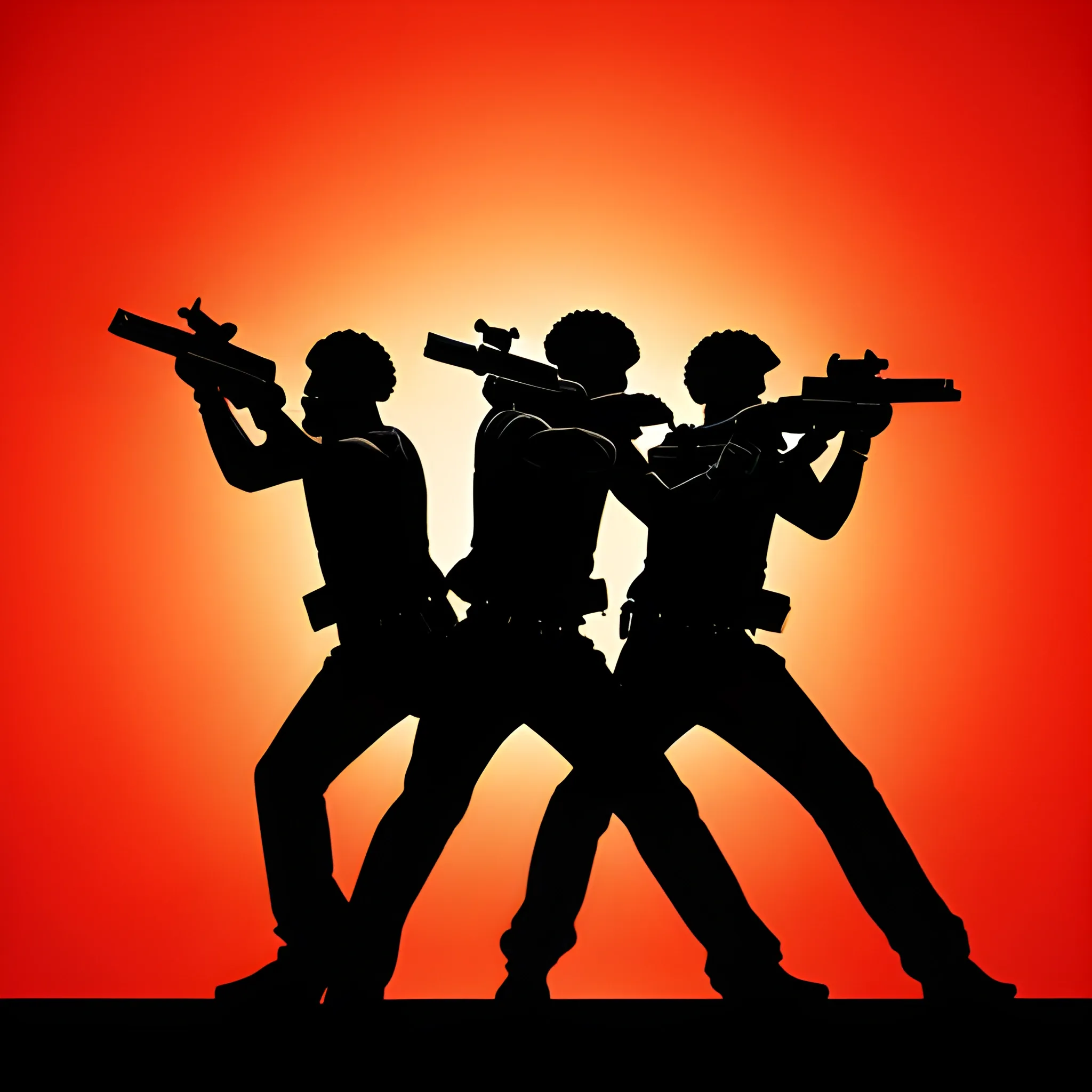 Black background with two red gang handling guns , Trippy