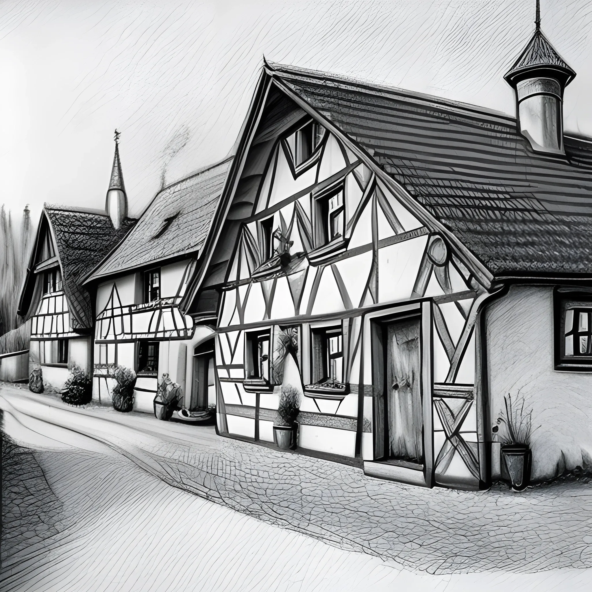 Pencil sketch aus ein Dorf mit Tieren