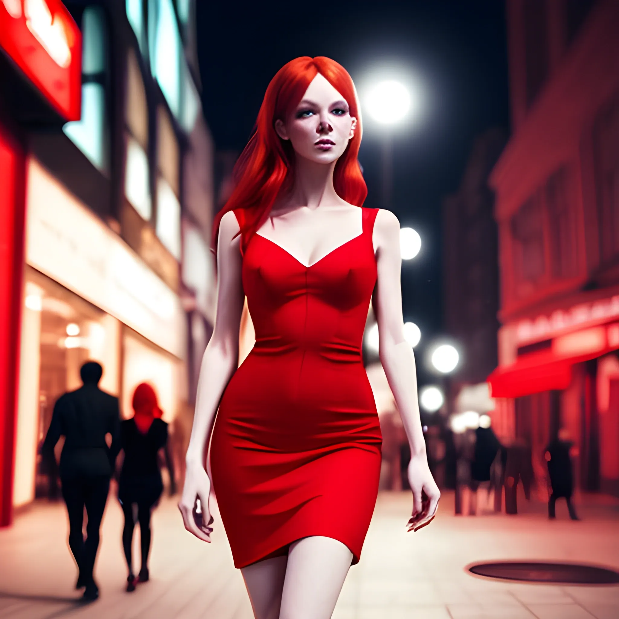 A red-haired thin woman walking in the city while wearing a very sexy short red dress and looks back and points her finger at her red eyes