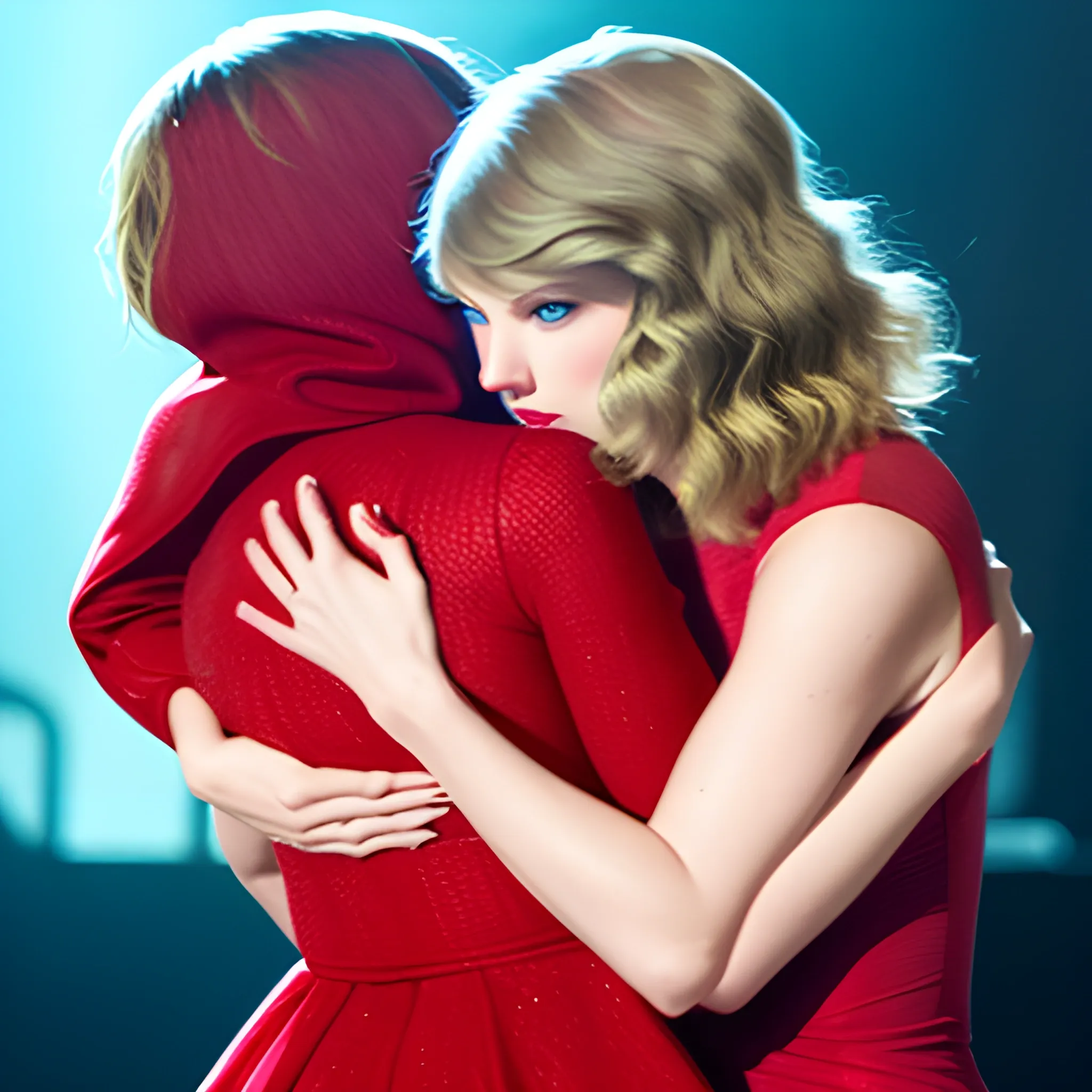 Taylor Swift Red (Taylor's Version) hugging Fearless (Taylor's Version)