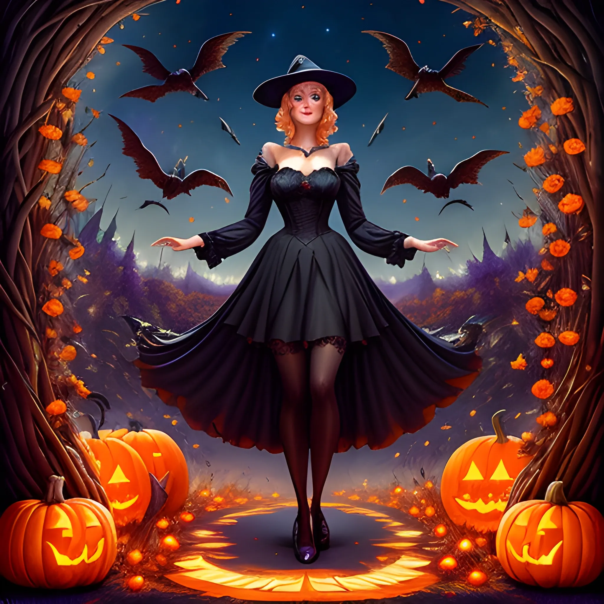 a beautiful young witch surrounded by ravens and pumpkins, fanta ...