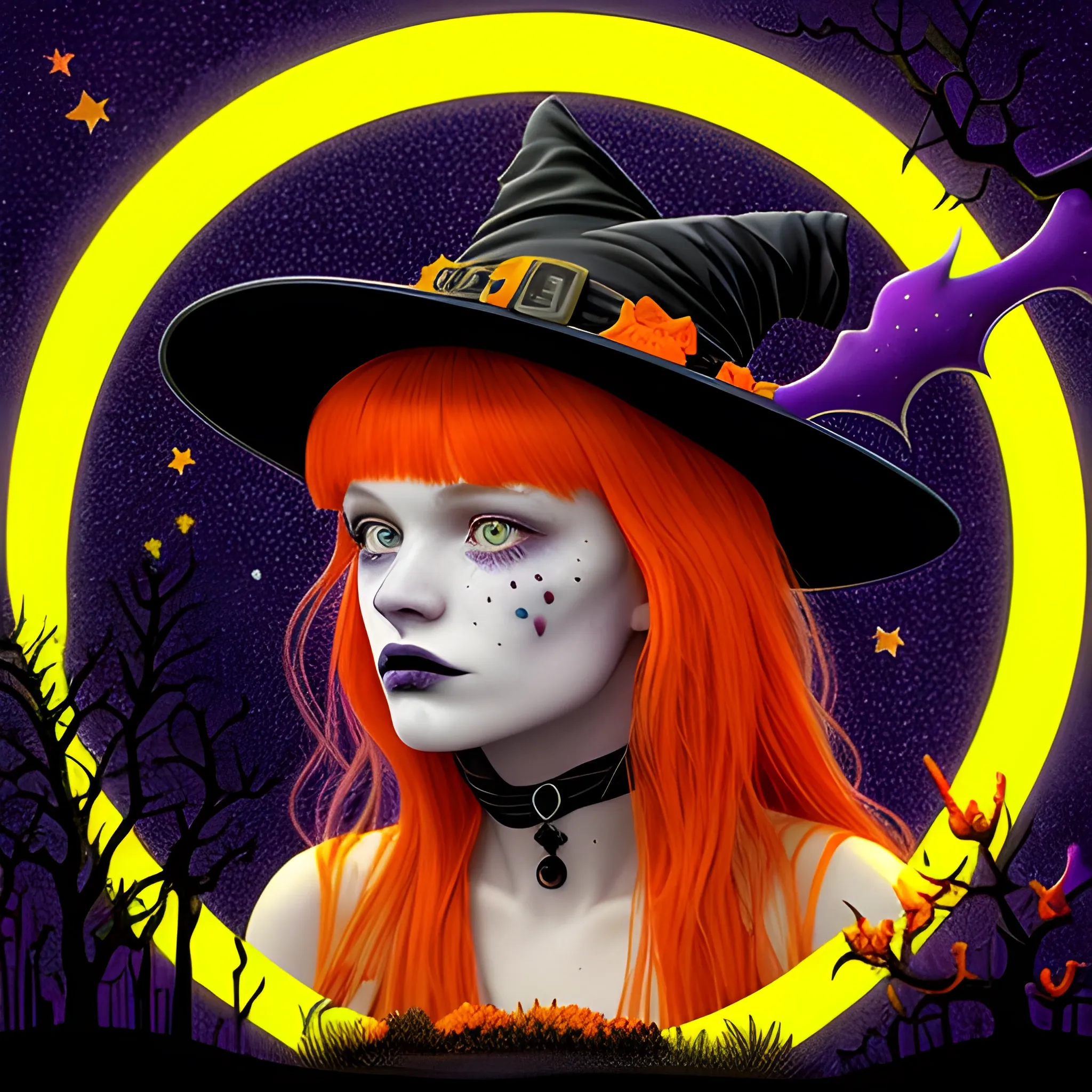 Bella Thorne / Sadie Sink face morph as a Halloween Witch, wearing a thorny witch hat adorned with thorns and black roses; Halloween, bats, full moon in a nebula sky, neon spray paint, acrylic paint, fantastical surrealist world, in the style of Stephen Gammell, extremely detailed, sick, gothic, eldritch, candles, neon grape purple, dayglo orange, chartreuse green, Halloween perfect purple pumpkins, green skulls, orange bats, magic, candles, cobweb, spider, glitter, luminous color sparkles, dayglo orange, neon grape purple, chartreuse green, hot pink, stars, sparkles, glitter, lanterns, gourds, Halloween; Goddess of the Night with a crescent moon and many stars in the style of Maxfield Parrish, starry night, James R. Eads, 3D