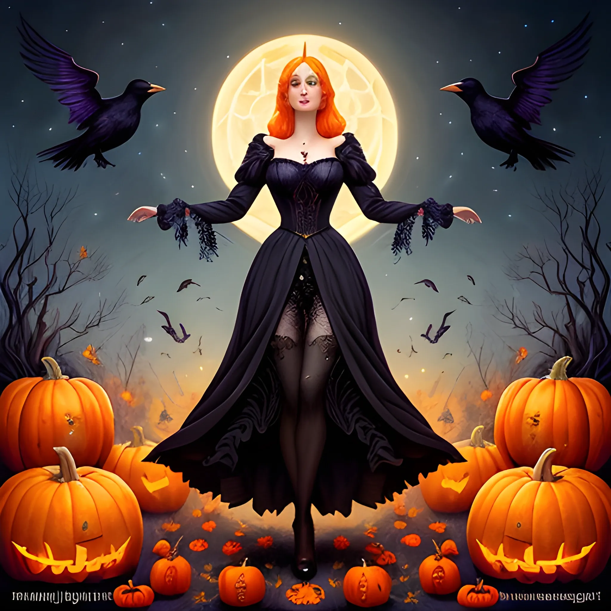 a beautiful young witch surrounded by ravens and pumpkins, fanta ...