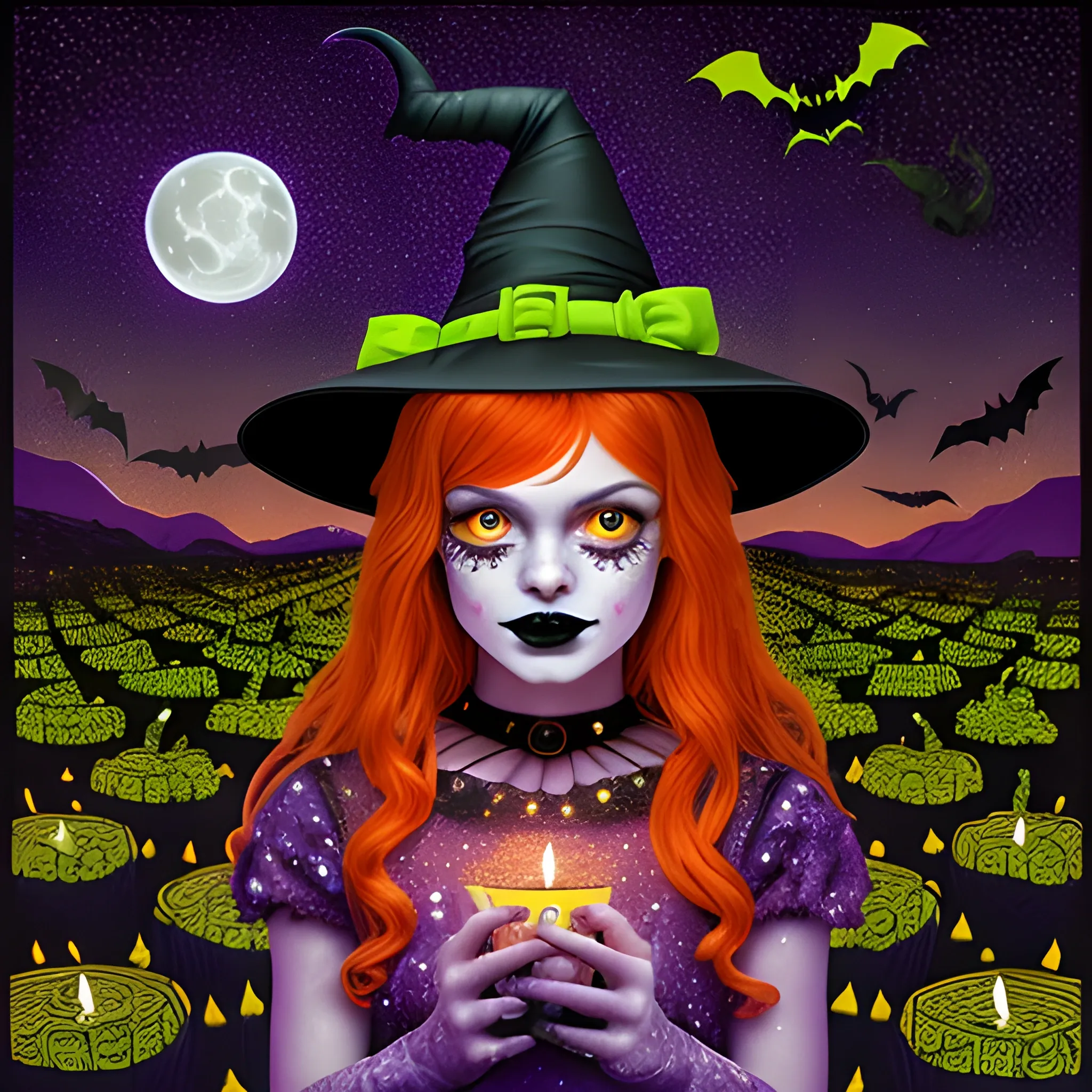 Bella Thorne / Sadie Sink face morph as a Halloween Witch, wearing a thorny witch hat adorned with thorns and black roses; Halloween, bats, full moon in a nebula sky, neon spray paint, acrylic paint, fantastical surrealist world, in the style of Stephen Gammell, extremely detailed, sick, gothic, eldritch, candles, neon grape purple, dayglo orange, chartreuse green, Halloween perfect purple pumpkins, green skulls, orange bats, magic, candles, cobweb, spider, glitter, luminous color sparkles, dayglo orange, neon grape purple, chartreuse green, hot pink, stars, sparkles, glitter, lanterns, gourds, Halloween; Goddess of the Night with a crescent moon and many stars in the style of Maxfield Parrish, starry night, James R. Eads, 3D