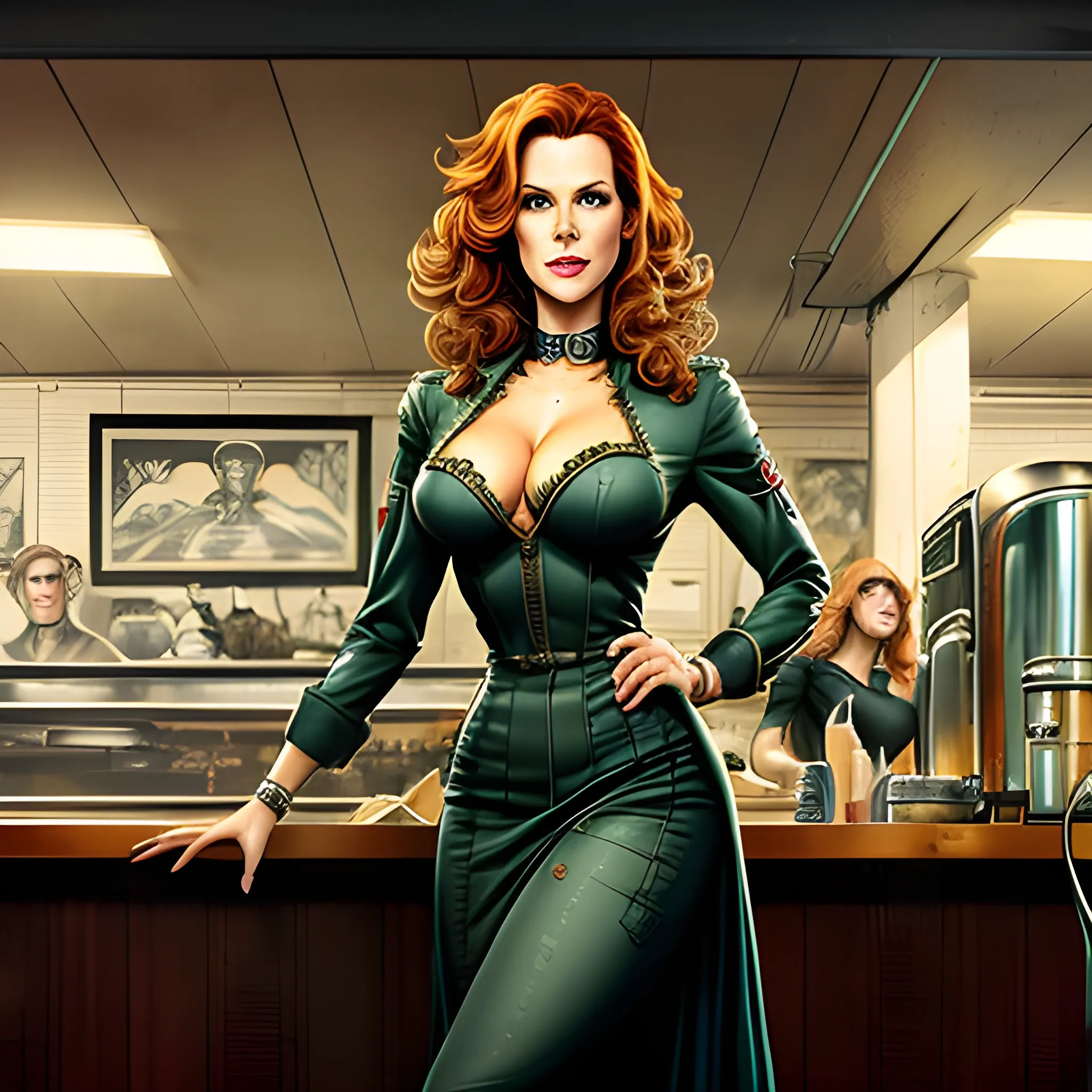 young Robyn Lively in a 50's diner, meticulously detailed eyes, perfect full-length body, perfect anatomy, her highly detailed face, meticulously detailed hair and clothes by artist "Aleksi Briclot" and Russ Mills, Dan Mumford, teen witch 