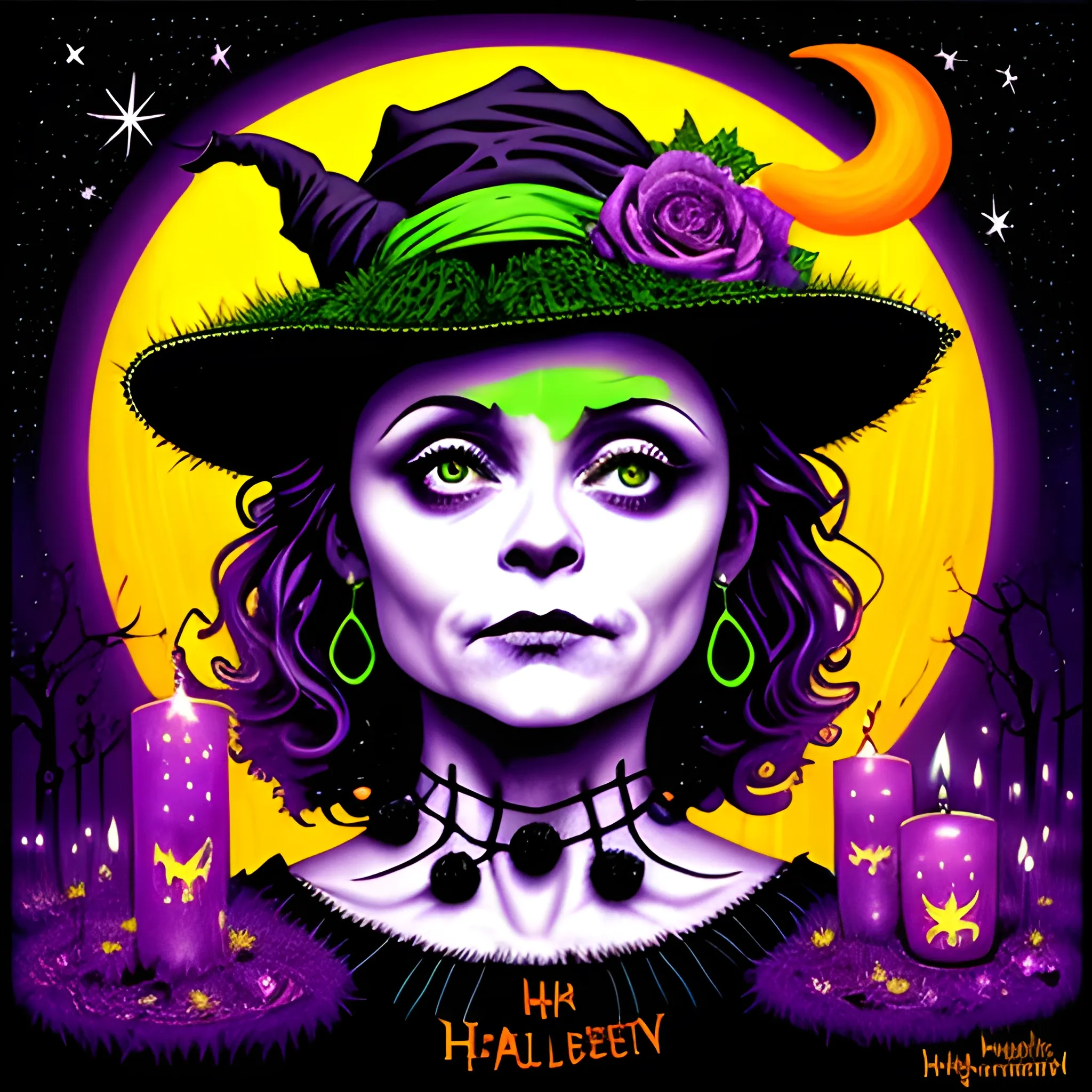 Christina Ricci / Helena Bonham Carter face morph as a Halloween Witch, wearing a thorny witch hat adorned with thorns and black roses; Halloween, bats, full moon in a nebula sky, neon spray paint, acrylic paint, fantastical surrealist world, in the style of Stephen Gammell, extremely detailed, sick, gothic, eldritch, candles, neon grape purple, dayglo orange, chartreuse green, Halloween perfect purple pumpkins, green skulls, orange bats, magic, candles, cobweb, spider, glitter, luminous color sparkles, dayglo orange, neon grape purple, chartreuse green, hot pink, stars, sparkles, glitter, lanterns, gourds, Halloween; Goddess of the Night with a crescent moon and many stars in the style of Maxfield Parrish, starry night, James R. Eads