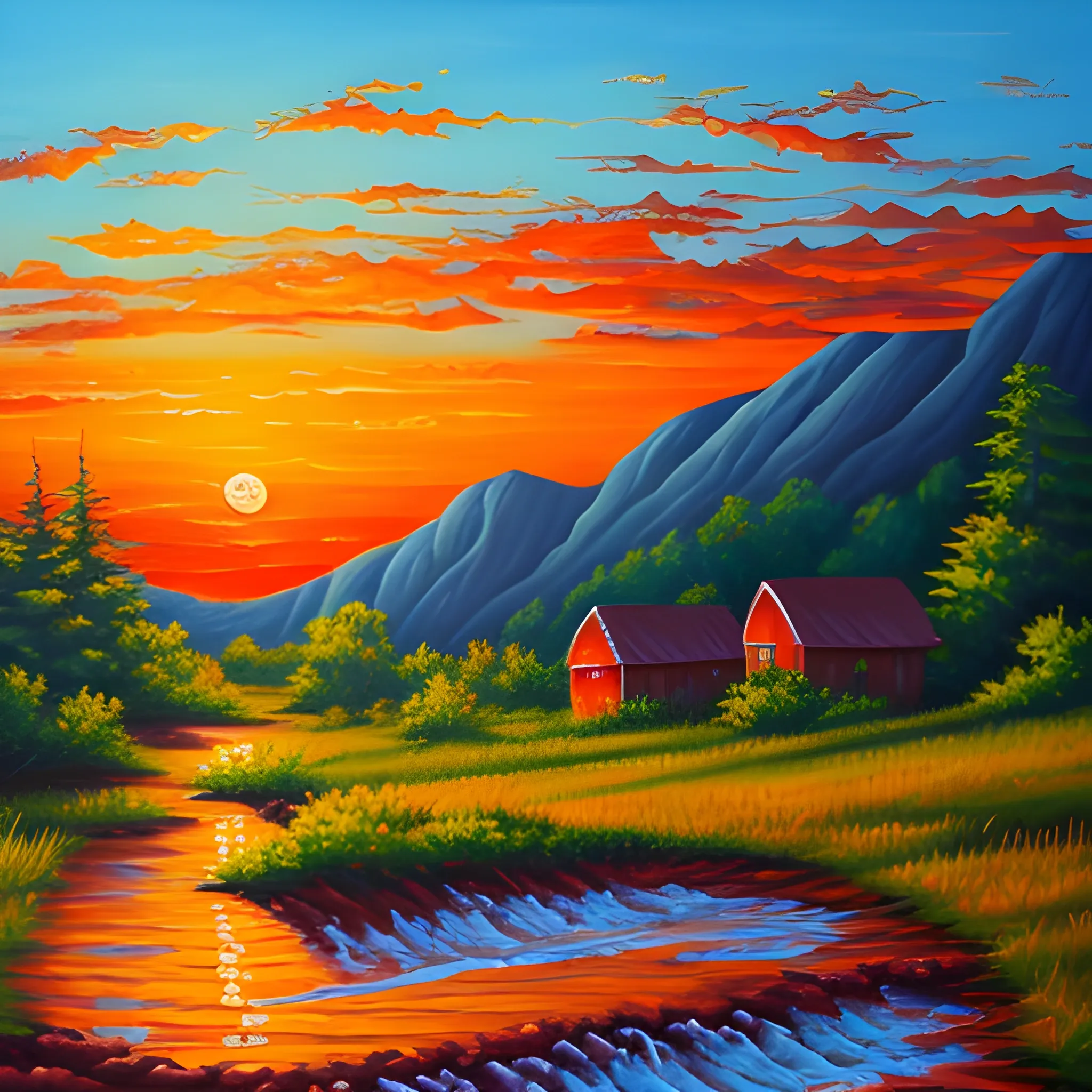 Sunset landscape painting, oil painting style