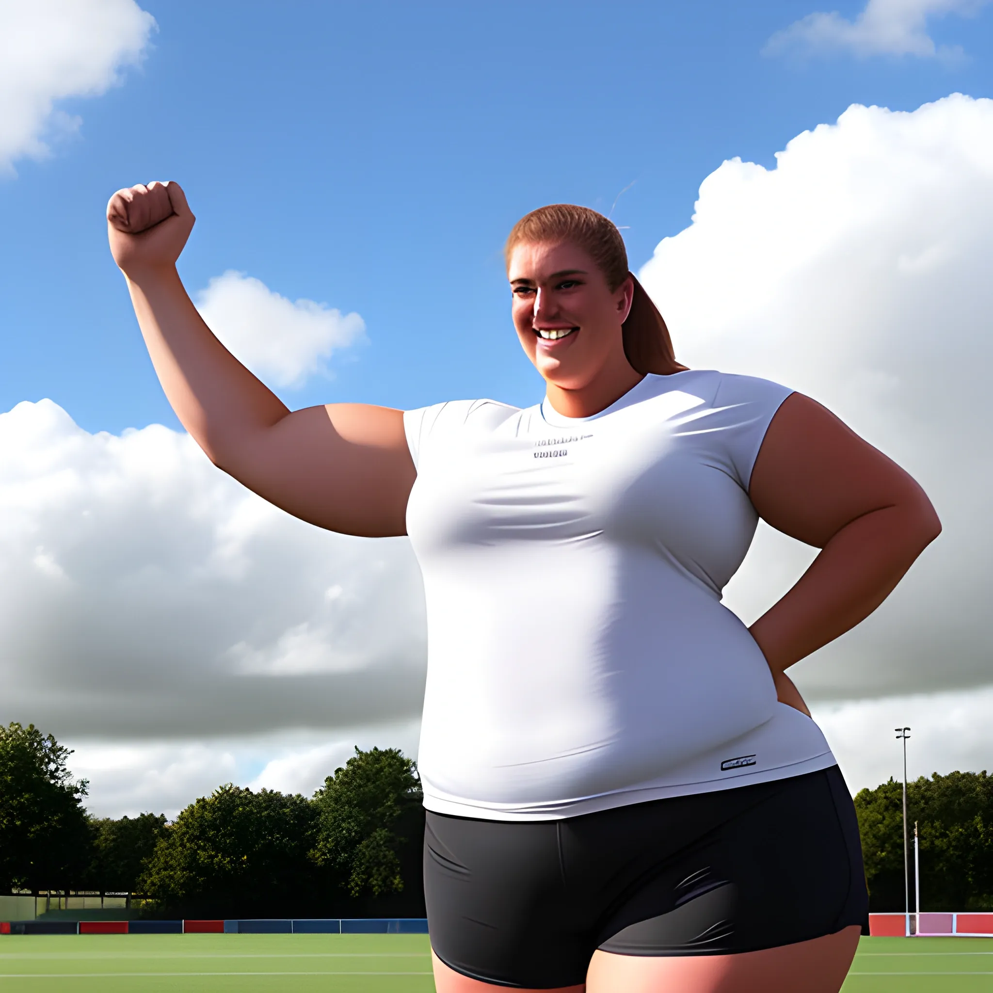 8 ft tall very big, massive and strong young blonde schoolgirl with small head, broad shoulders and lifted arms in T-shirt and shorts gently smiling on school training ground under the clouds