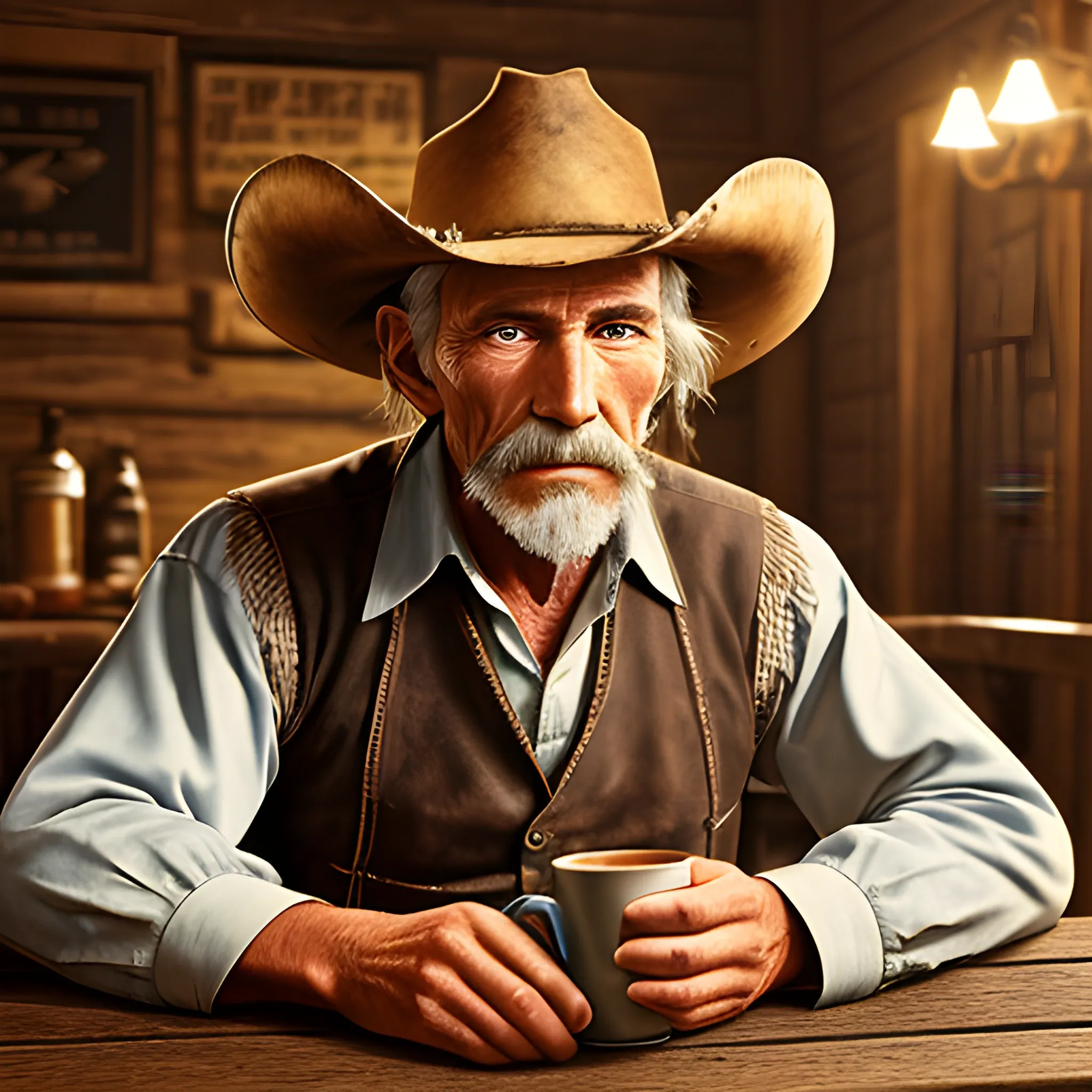 an older cowboy sitting in a saloon drinking a cup of coffee