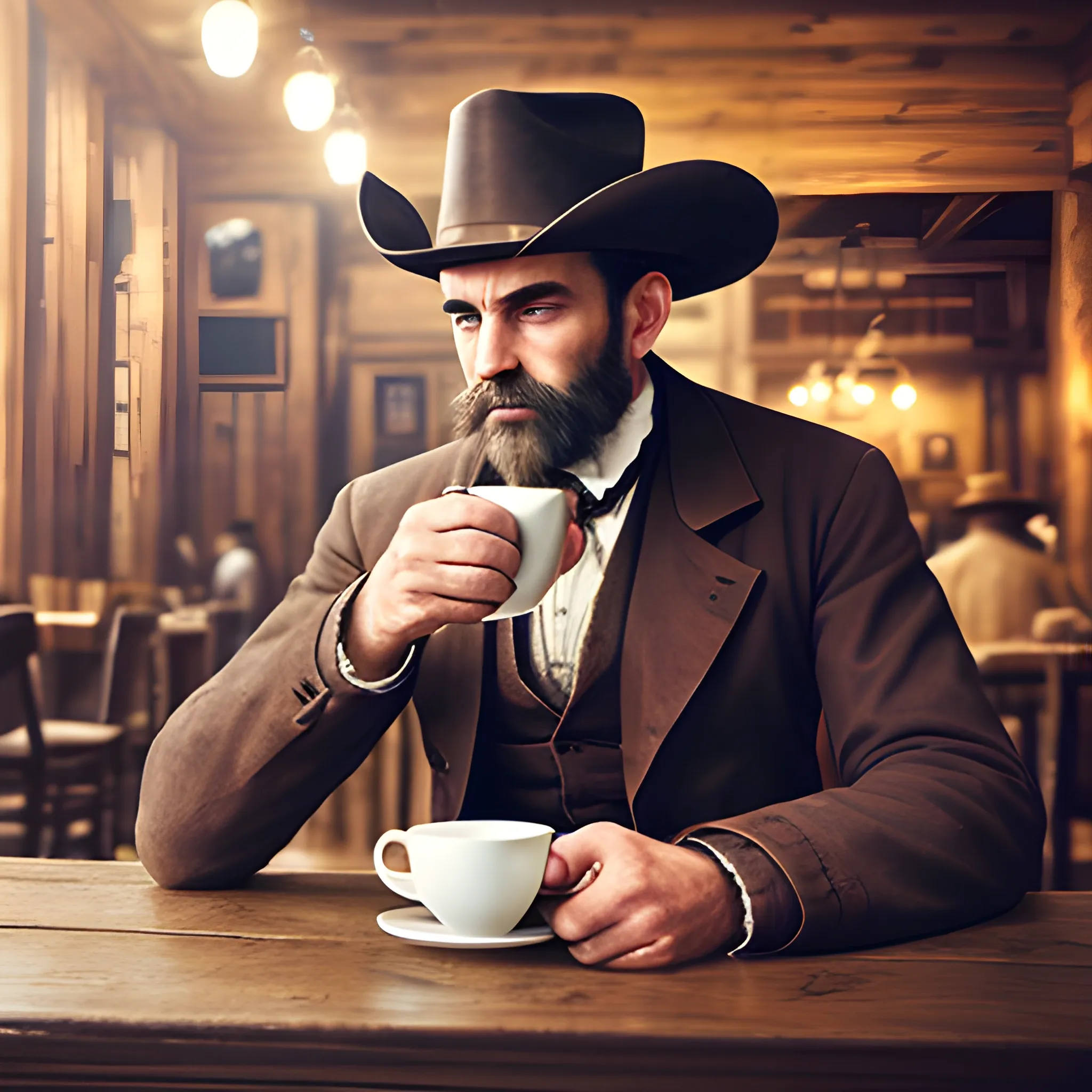 an men sitting in a saloon drinking a cup of coffee