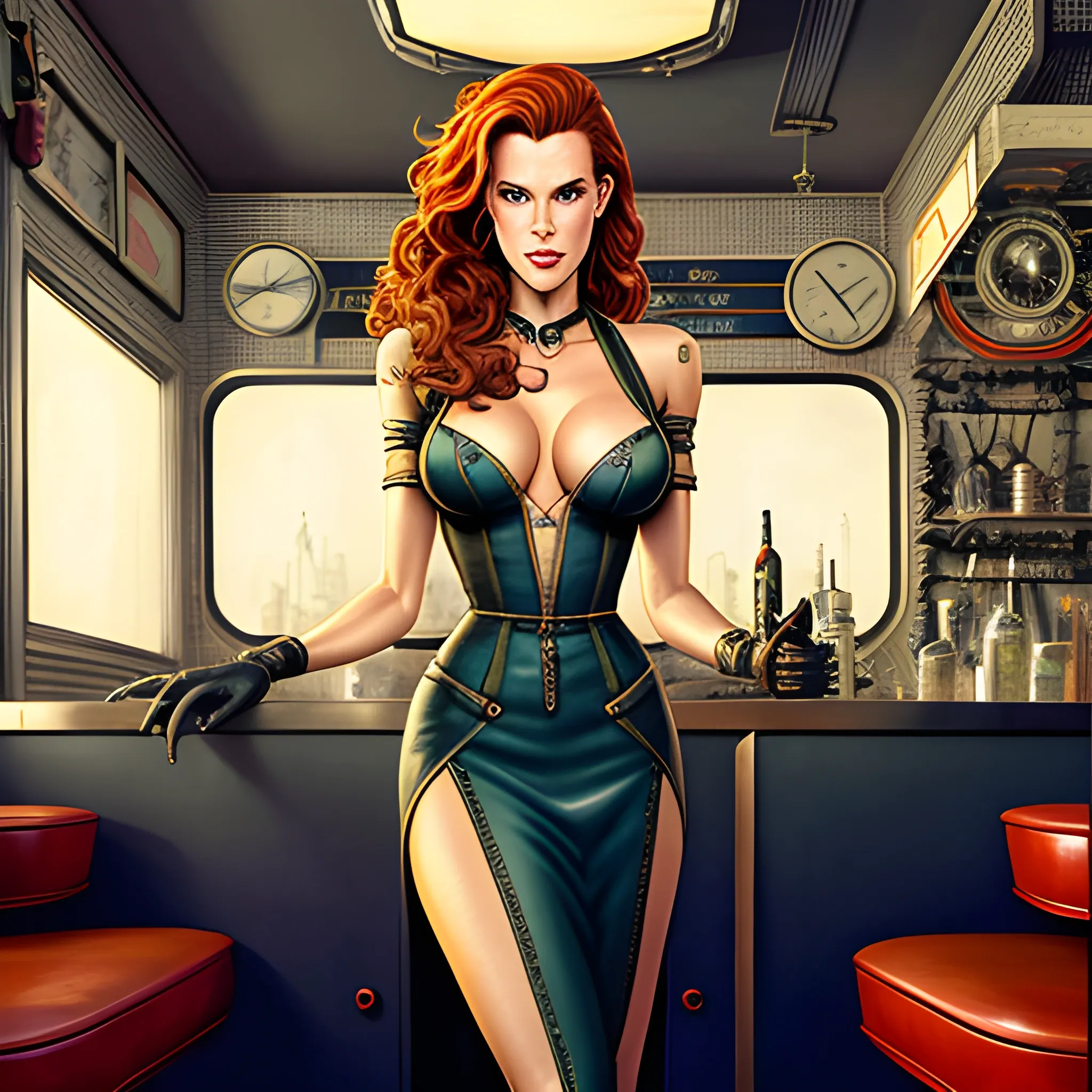 young Robyn Lively in a 50's diner, meticulously detailed eyes, perfect full-length body, perfect anatomy, her highly detailed face, meticulously detailed hair and clothes by artist "Aleksi Briclot" and Russ Mills, Dan Mumford, teen witch 