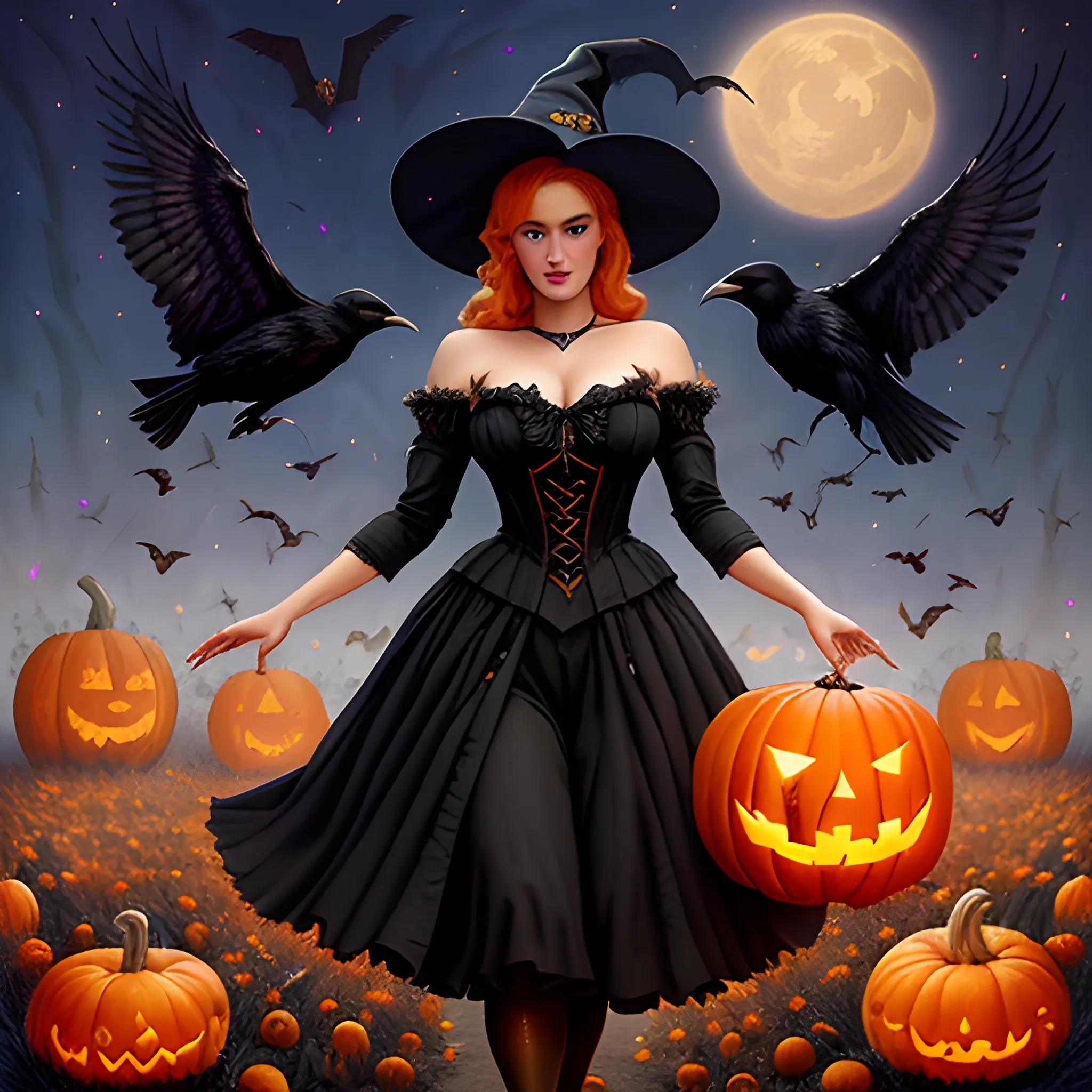 a beautiful young witch surrounded by ravens and pumpkins, fanta ...