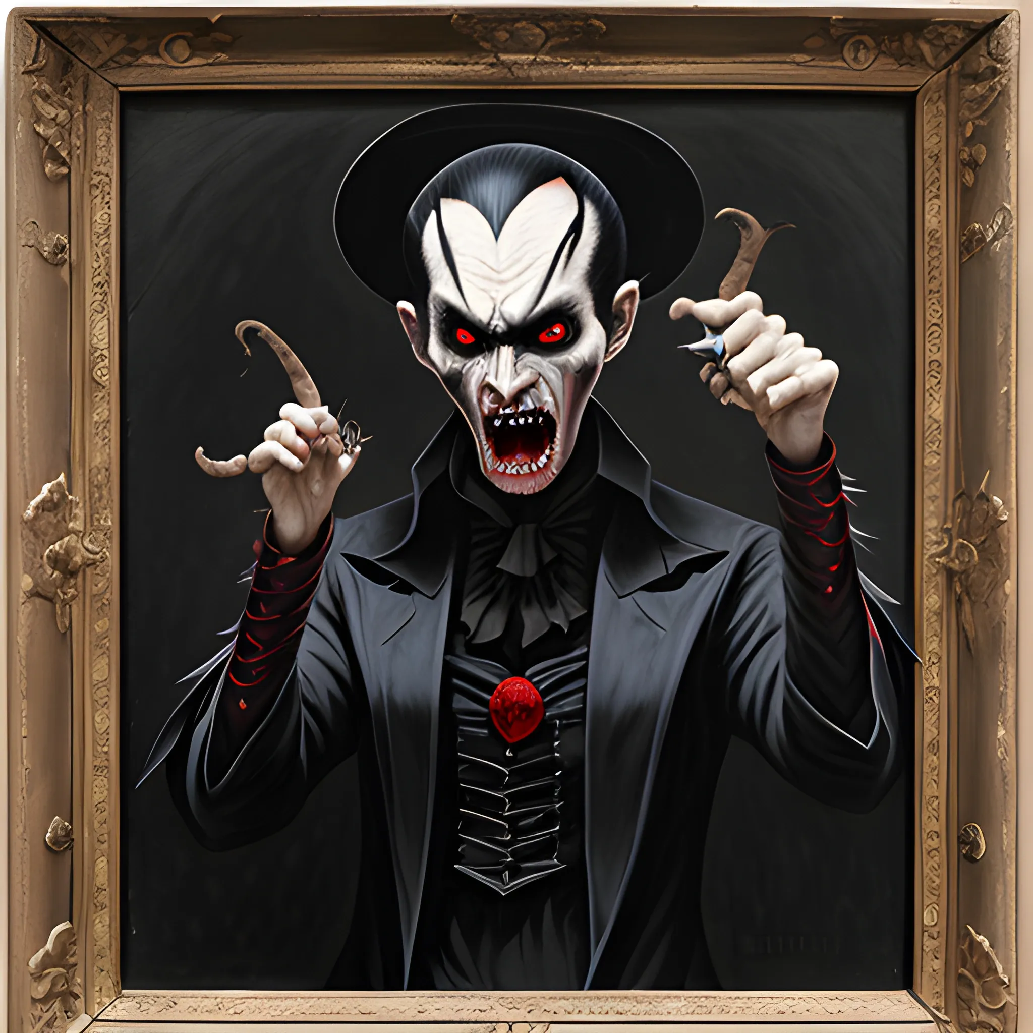 Vampire servant, bizarre, malicious, with disgusting appearance, bulging eyes, pointing ears and dressed in black, Oil Painting