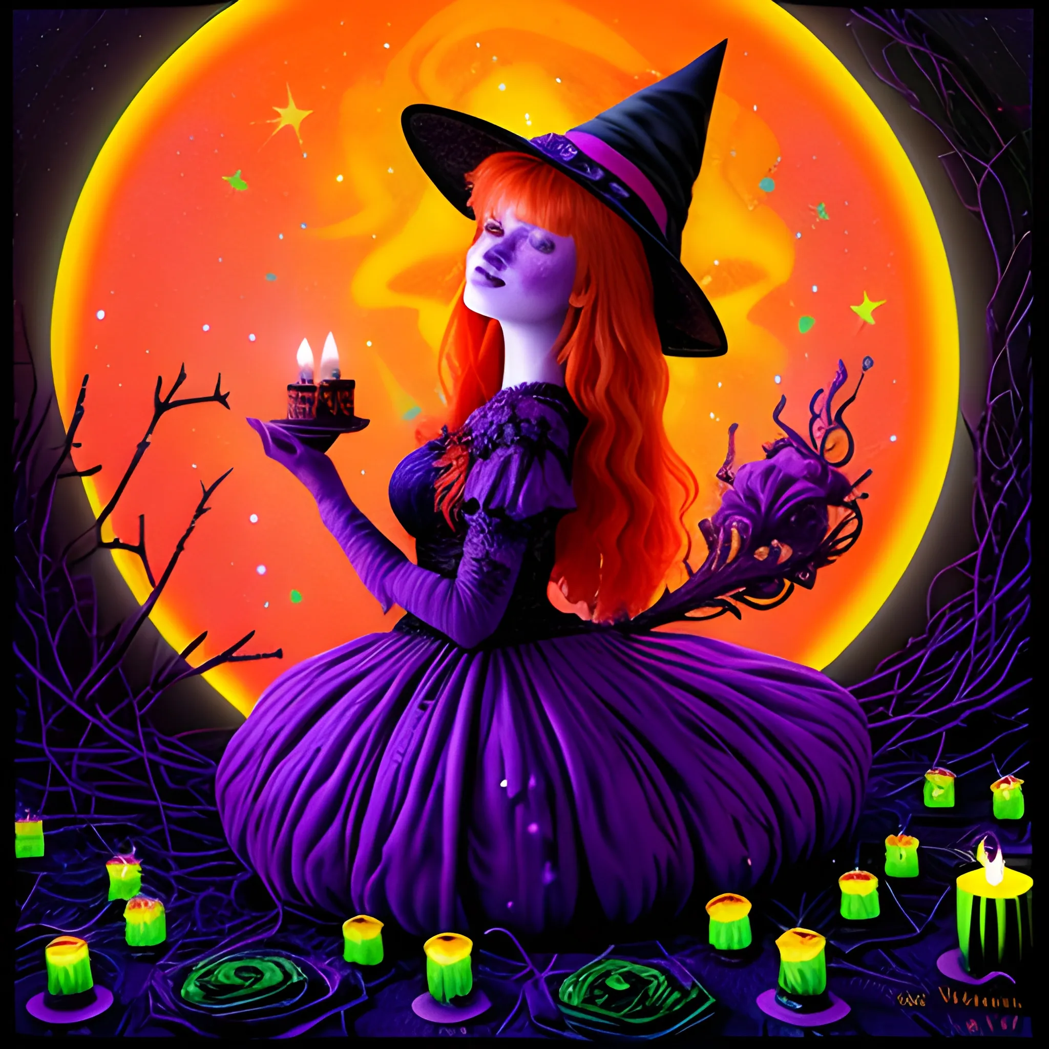 Bella Thorne / Sadie Sink face morph as a Halloween Witch, wearing a thorny witch hat adorned with thorns and black roses; Halloween, bats, full moon in a nebula sky, neon spray paint, acrylic paint, fantastical surrealist world, in the style of Stephen Gammell, extremely detailed, sick, gothic, eldritch, candles, neon grape purple, dayglo orange, chartreuse green, Halloween perfect purple pumpkins, green skulls, orange bats, magic, candles, cobweb, spider, glitter, luminous color sparkles, dayglo orange, neon grape purple, chartreuse green, hot pink, stars, sparkles, glitter, lanterns, gourds, Halloween; Goddess of the Night with a crescent moon and many stars in the style of Maxfield Parrish, starry night, James R. Eads, 3D