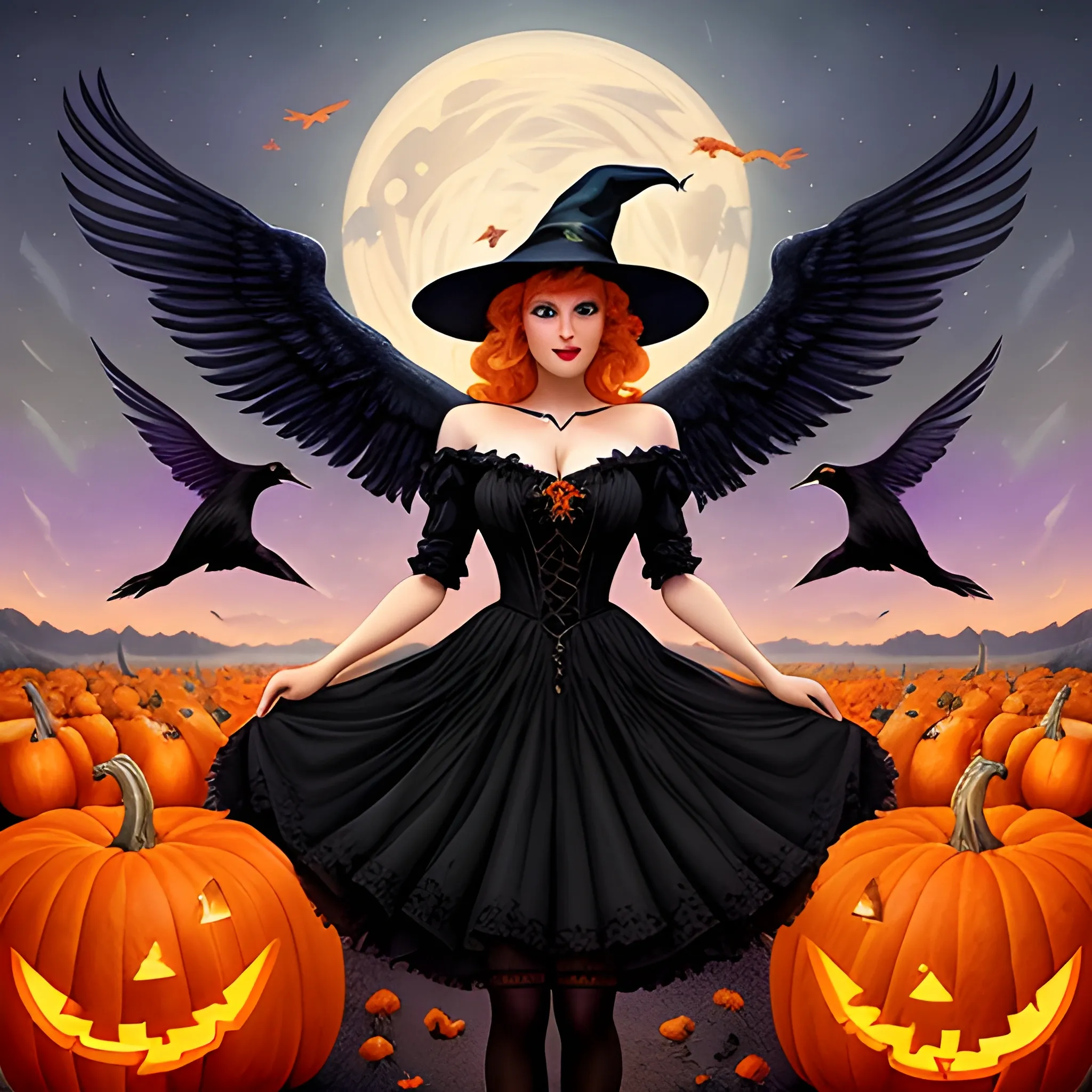 a beautiful young witch surrounded by ravens and pumpkins, fanta ...