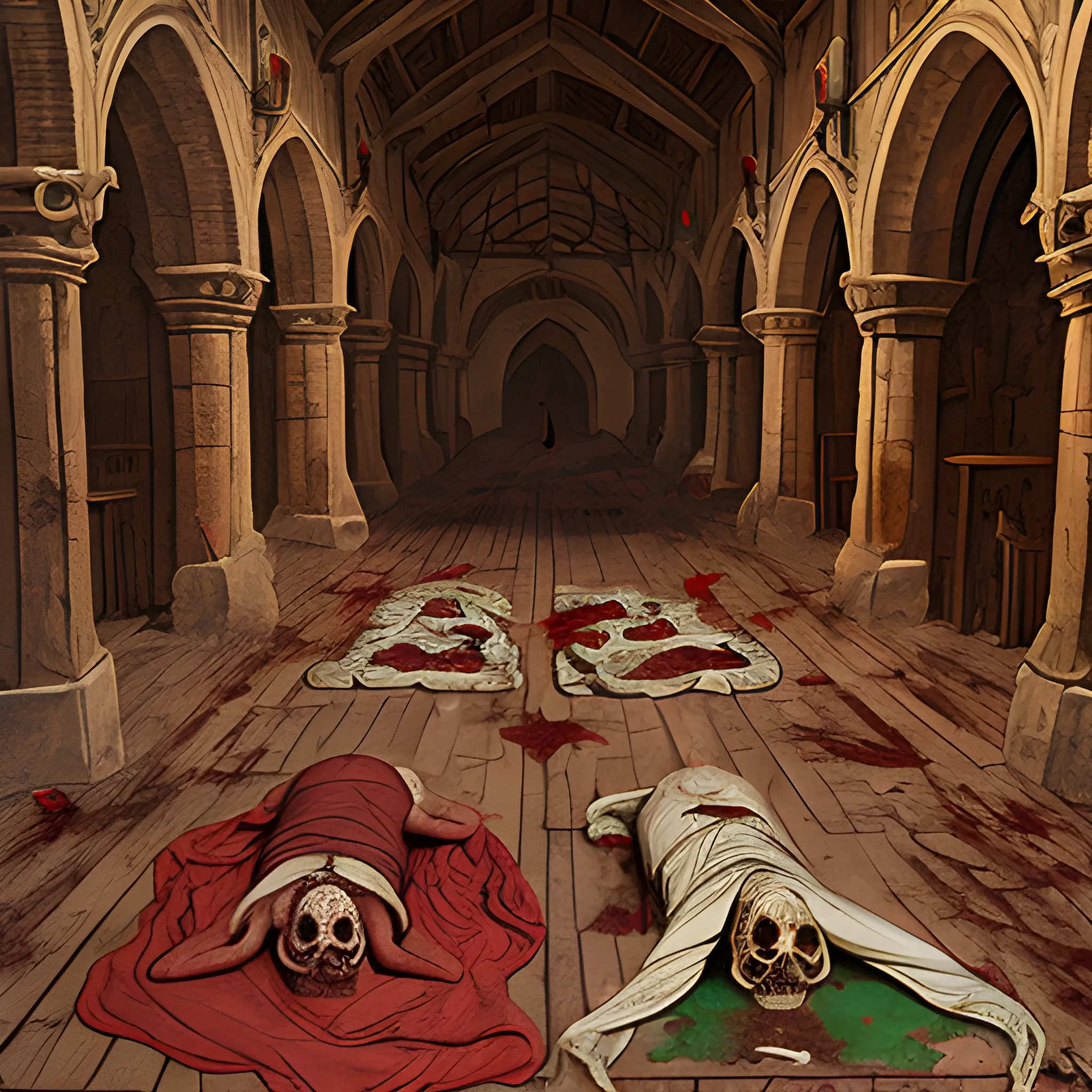 Dead bodies in the floor of a medieval rich city, gore art, blood and organs