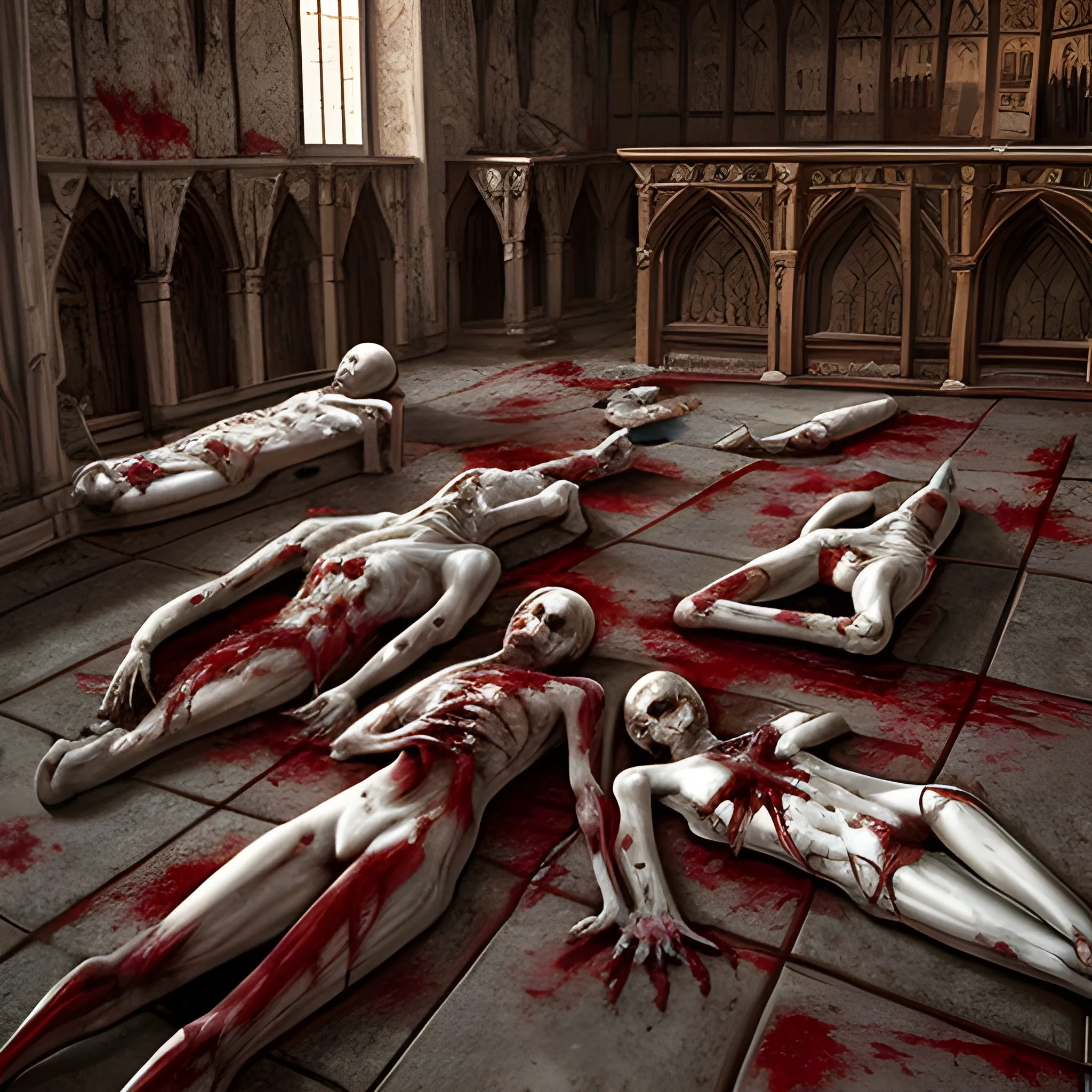 Dead people bodies in the floor of a medieval rich city, gore art, blood, and detailed person faces