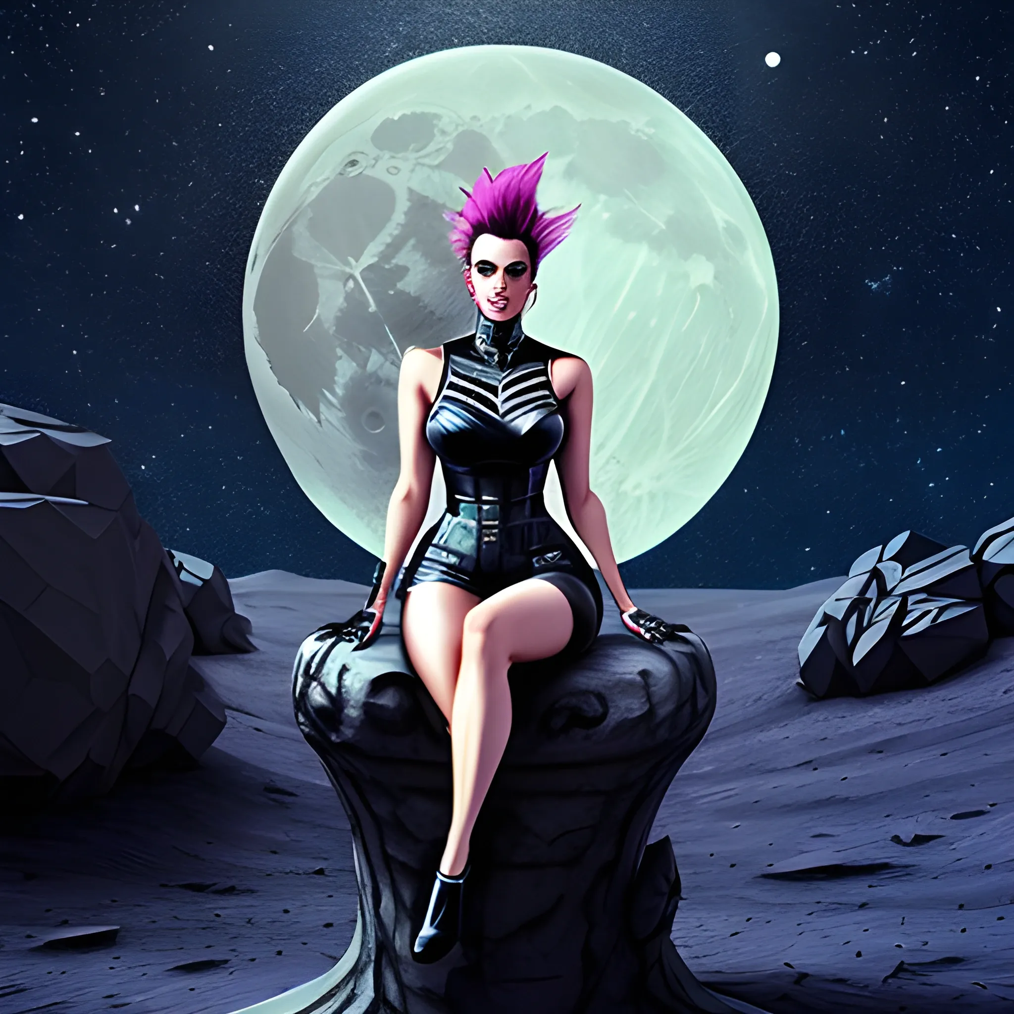 A cute little girl sitting on the moon, punk style, sophisticated clothing