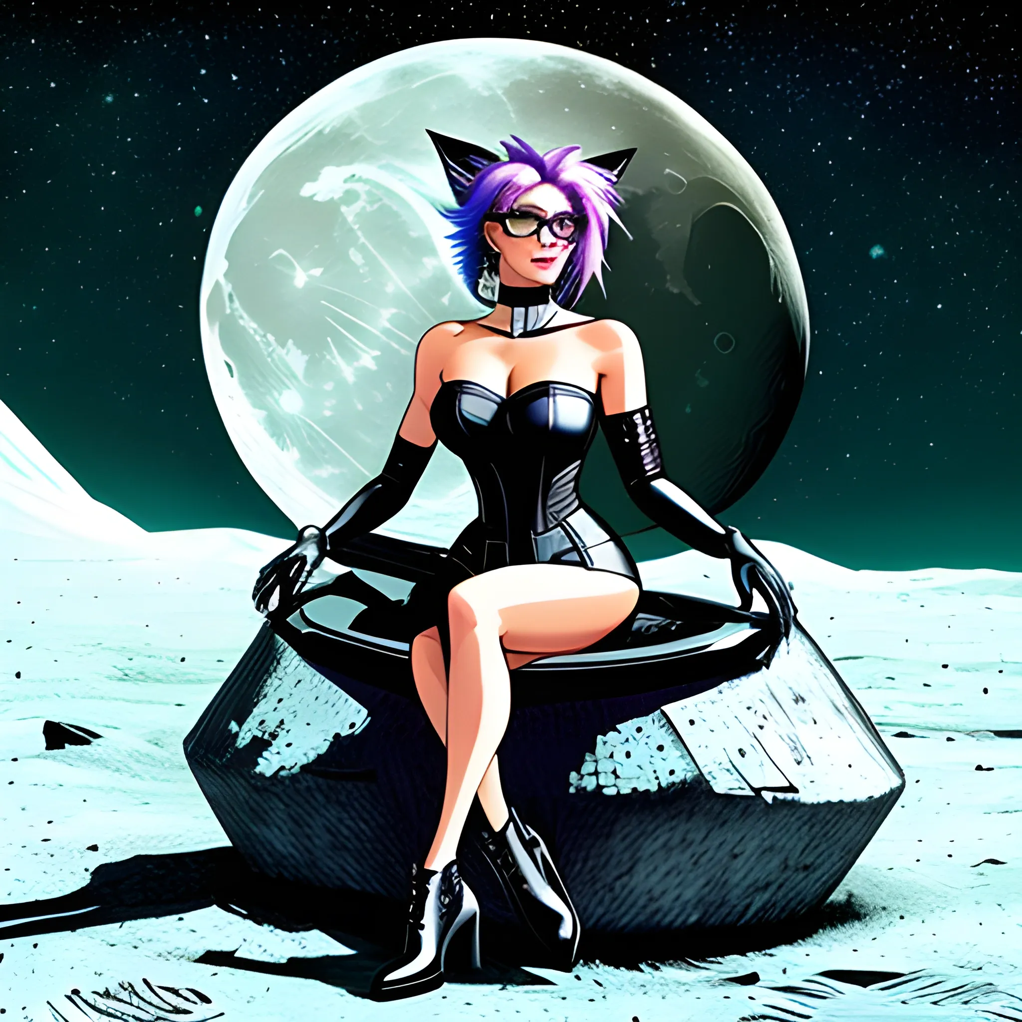 A cute little girl sitting on the moon, punk style, sophisticated clothing