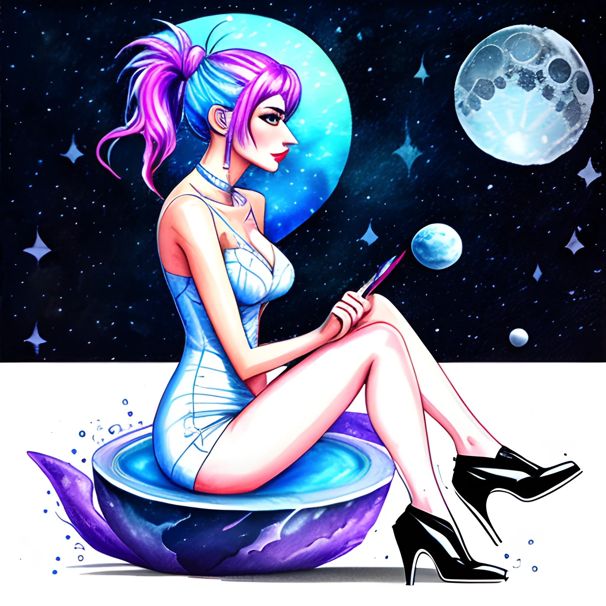 A cute little girl sitting on the moon, punk style, sophisticated clothing, Pencil Sketch, Oil Painting, Water Color, Water Color, Trippy, Cartoon