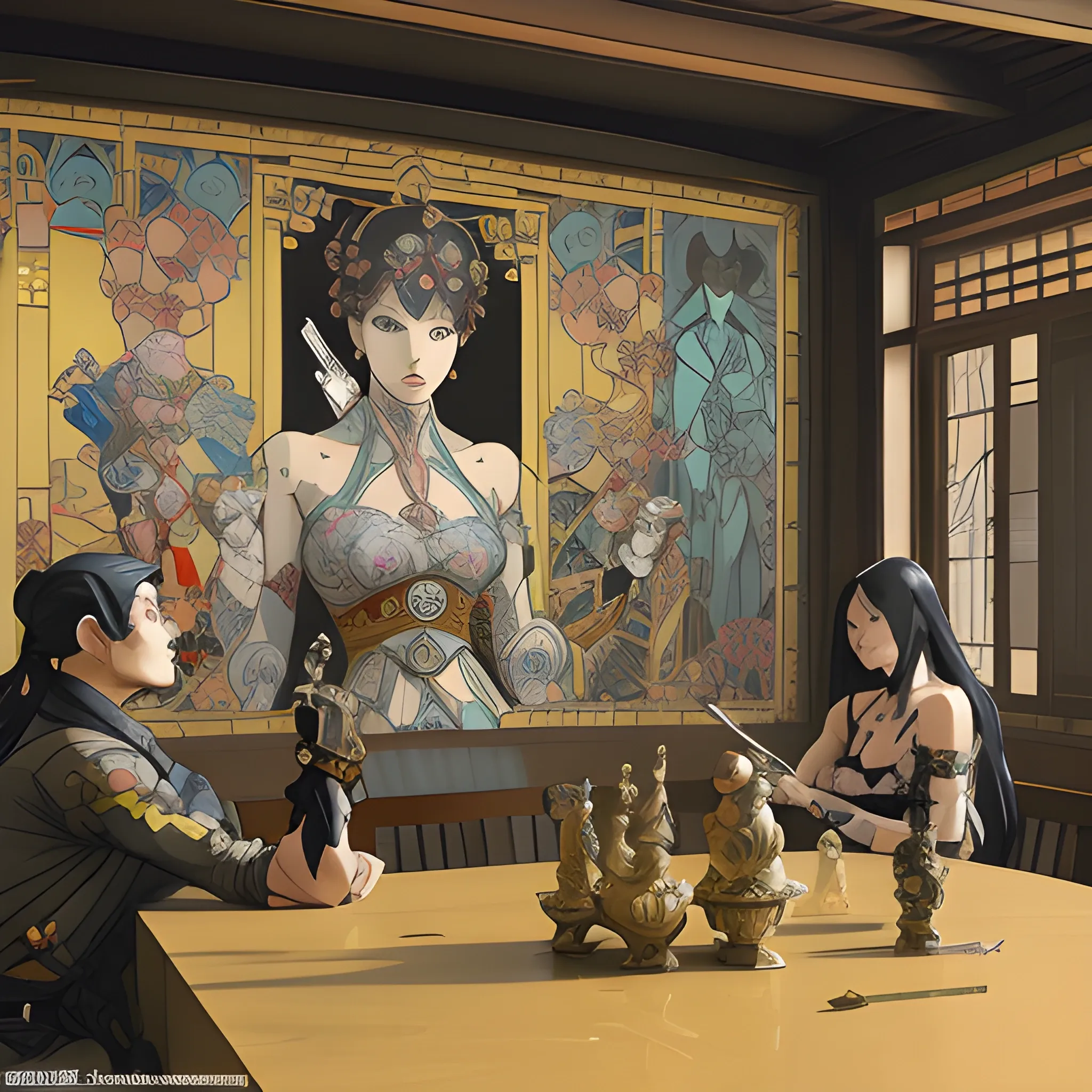 japanese style palace under attack, art by artgerm and greg rutkowski and alphonse mucha and Gustav Klimt, and pablo picasso. graffiti art, action figurine toy, lounge, on the background urban futuristic architecture by Le Corbusier, sitting and drinking in an ancien tavern and playing with a knife, x japan, orchid, beings, black hairs