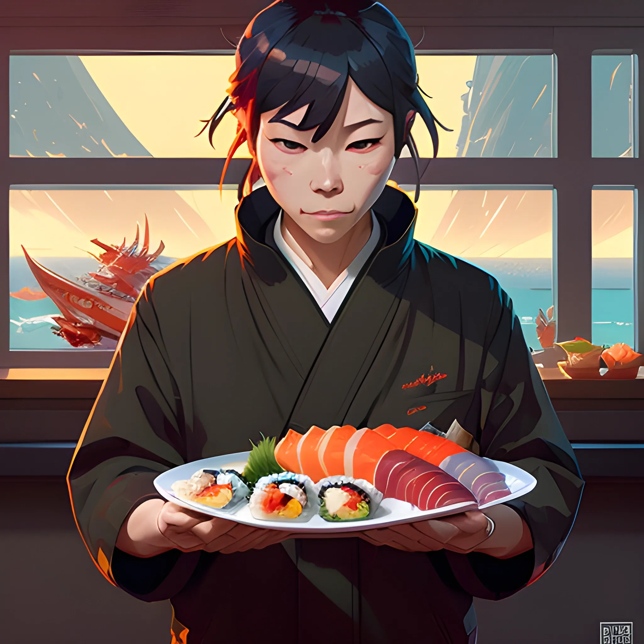 sushi, tooth wu, dan mumford, beeple, wlop, rossdraws, james jean, marc simonetti, artstation giuseppe dangelico pino and michael garmash and rob rey and greg manchess and huang guangjian and makoto shinkai 