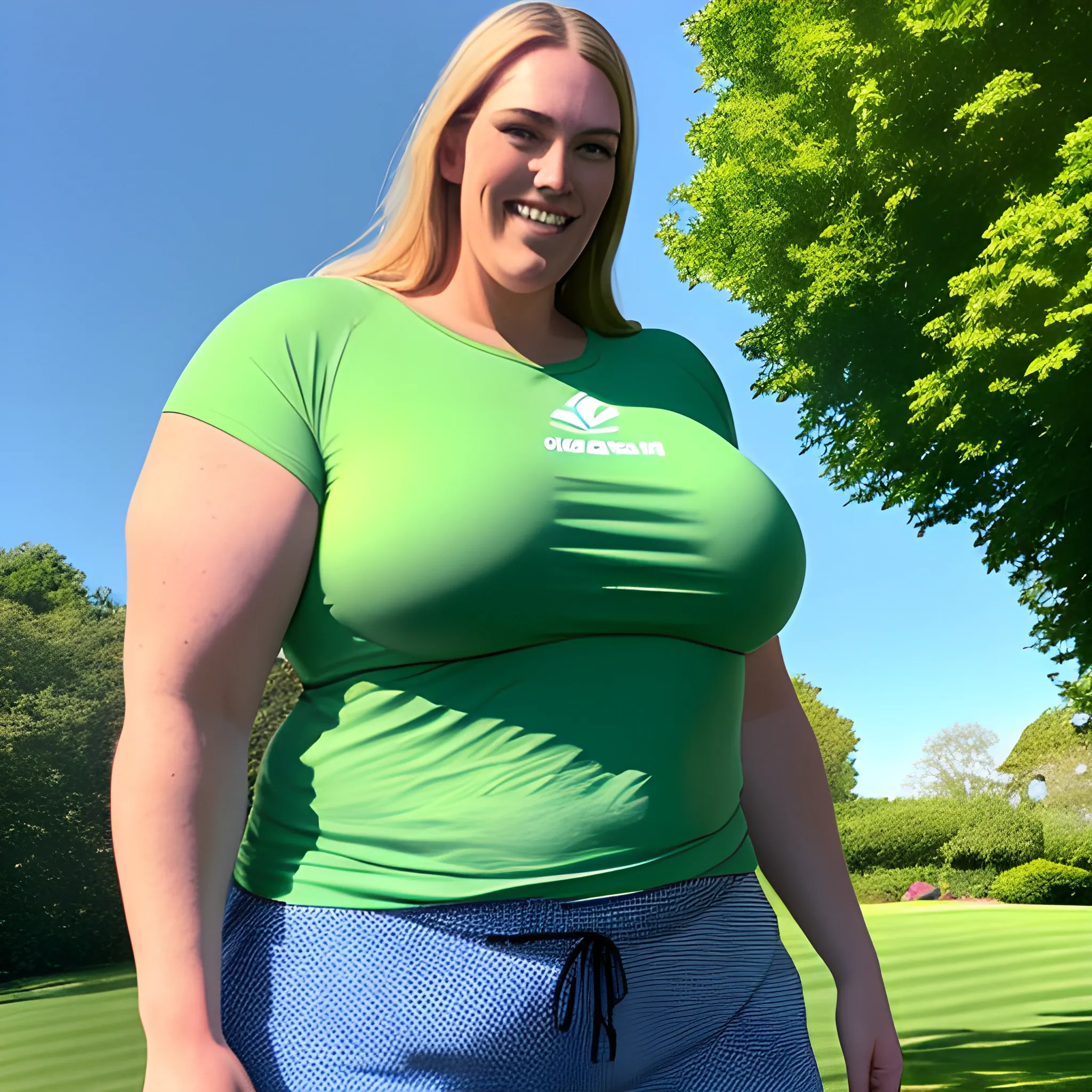 8 ft tall very big, massive and strong gently smiling young blonde schoolgirl with small head, broad shoulders and lifted arms in T-shirt and shorts on a green lawn under the blue sky