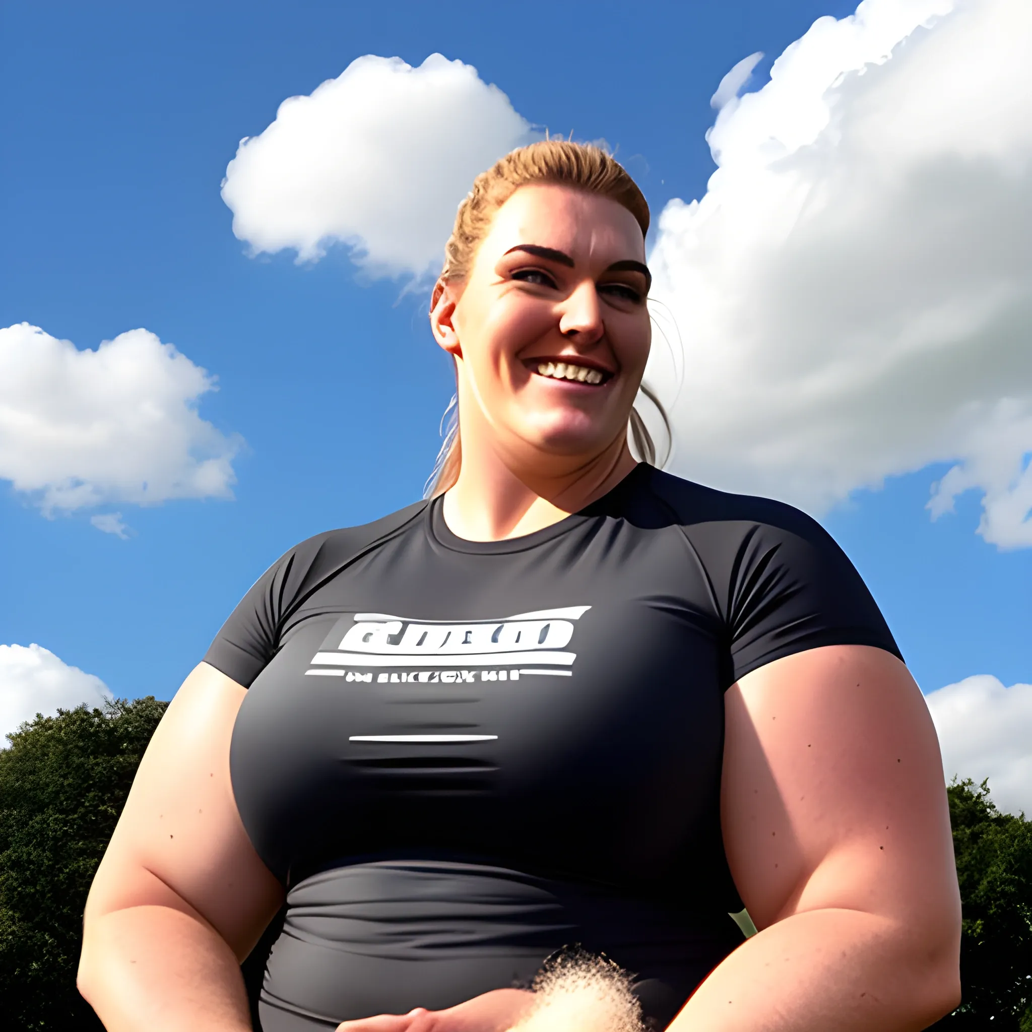 8 ft tall very big, massive and strong young blonde schoolgirl with small head, broad shoulders and lifted arms in T-shirt and shorts gently smiling on school training ground under the clouds 