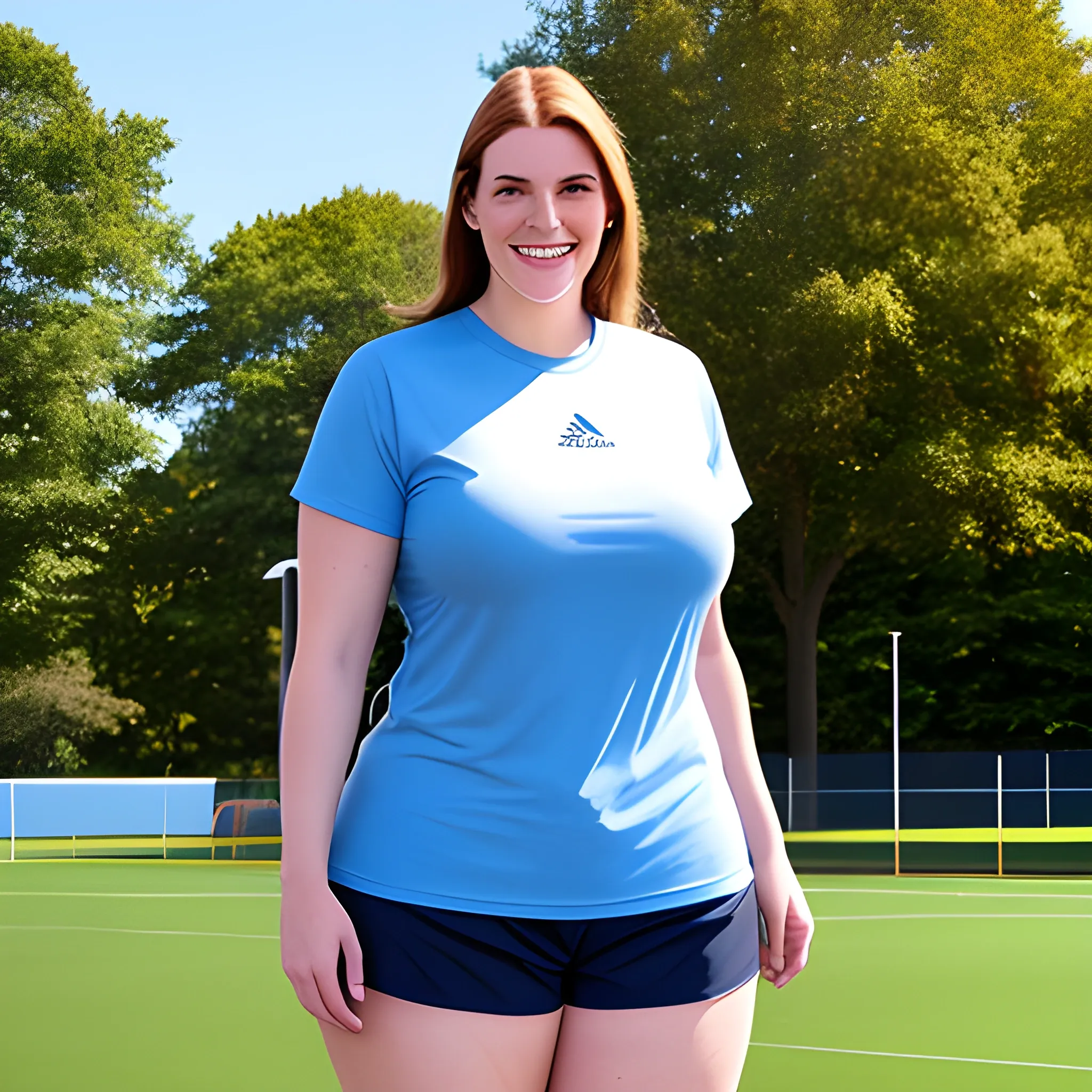 8 ft tall extra large size massive and strong young blonde schoolgirl in T-shirt and shorts  with gentle smile on school training ground under blue sky