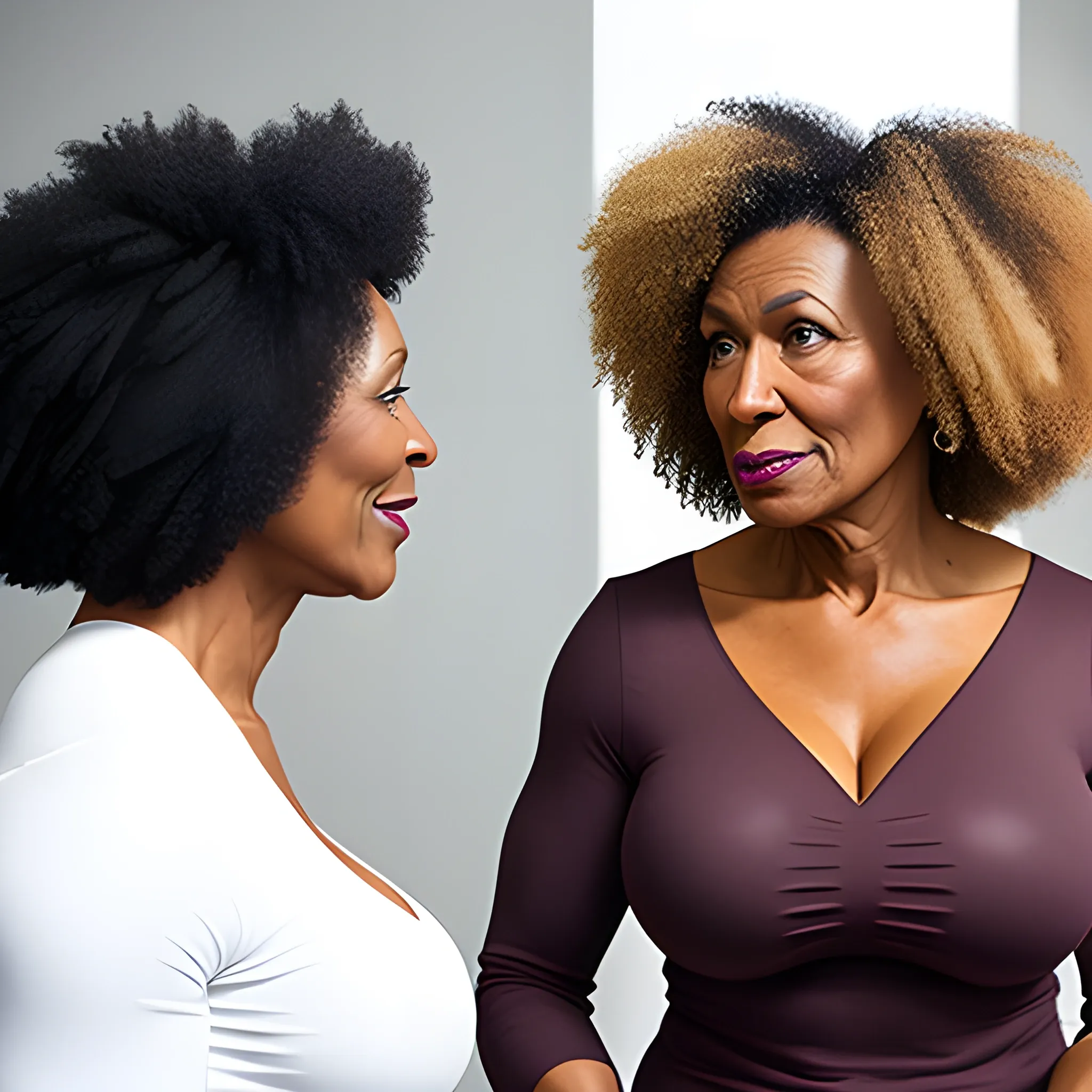 black muscular older woman talking with small tiny white woma 