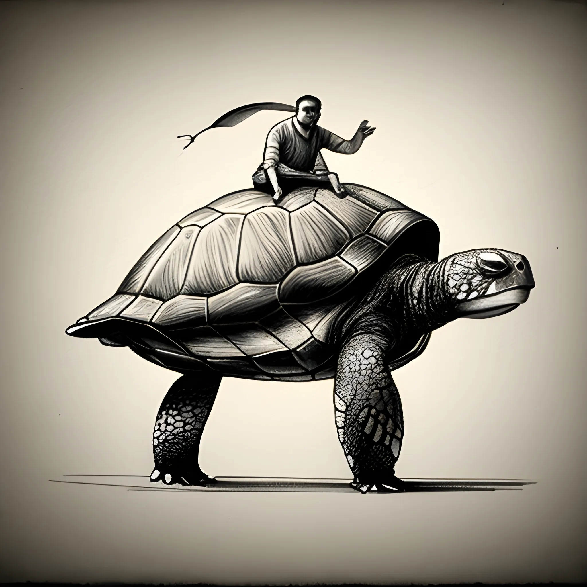 a big turtle, height of a table, carrying a man, Pencil Sketch