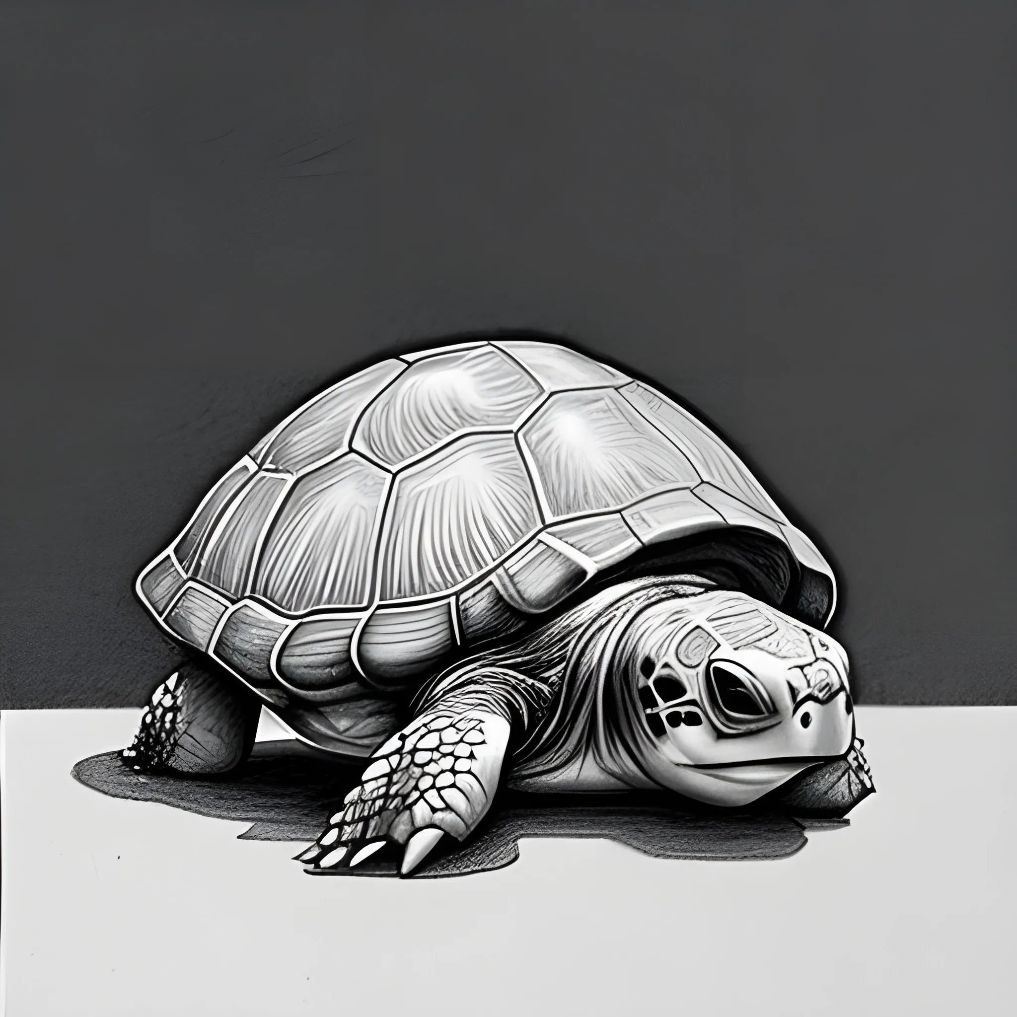 a big turtle, height of a table, carrying a sick, dying man, Pencil Sketch