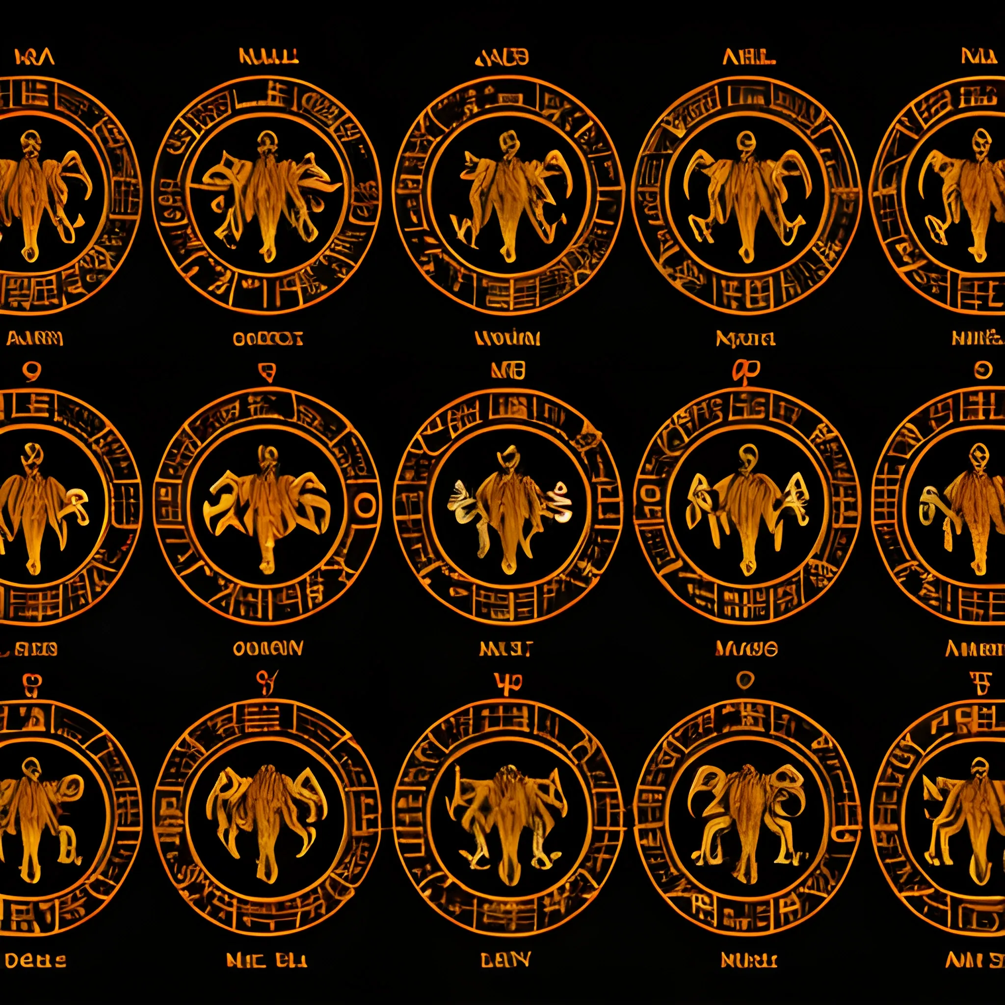 Zodiac signs on a black background in bright orange color