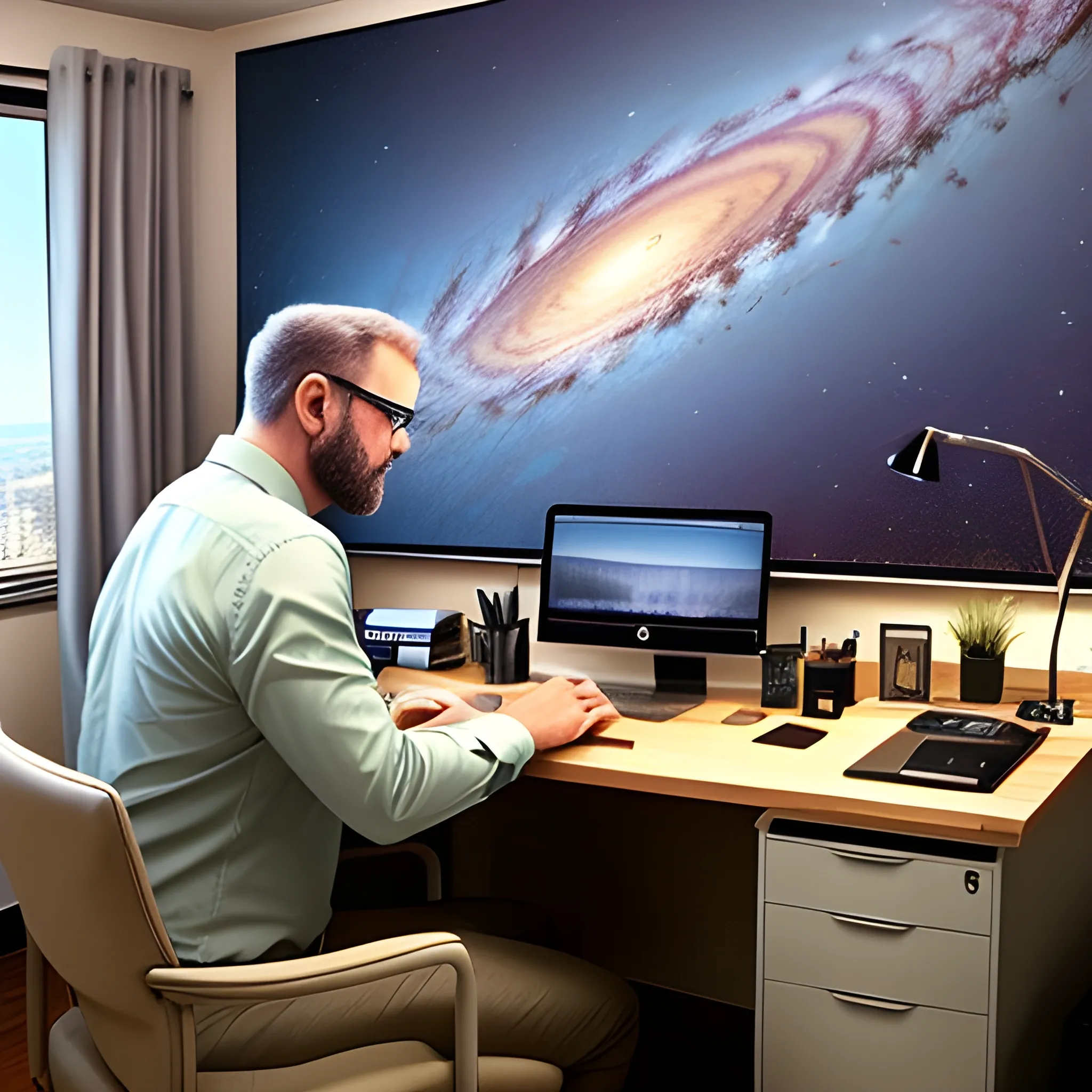 a young man sitting at the desk in his room, Trippy