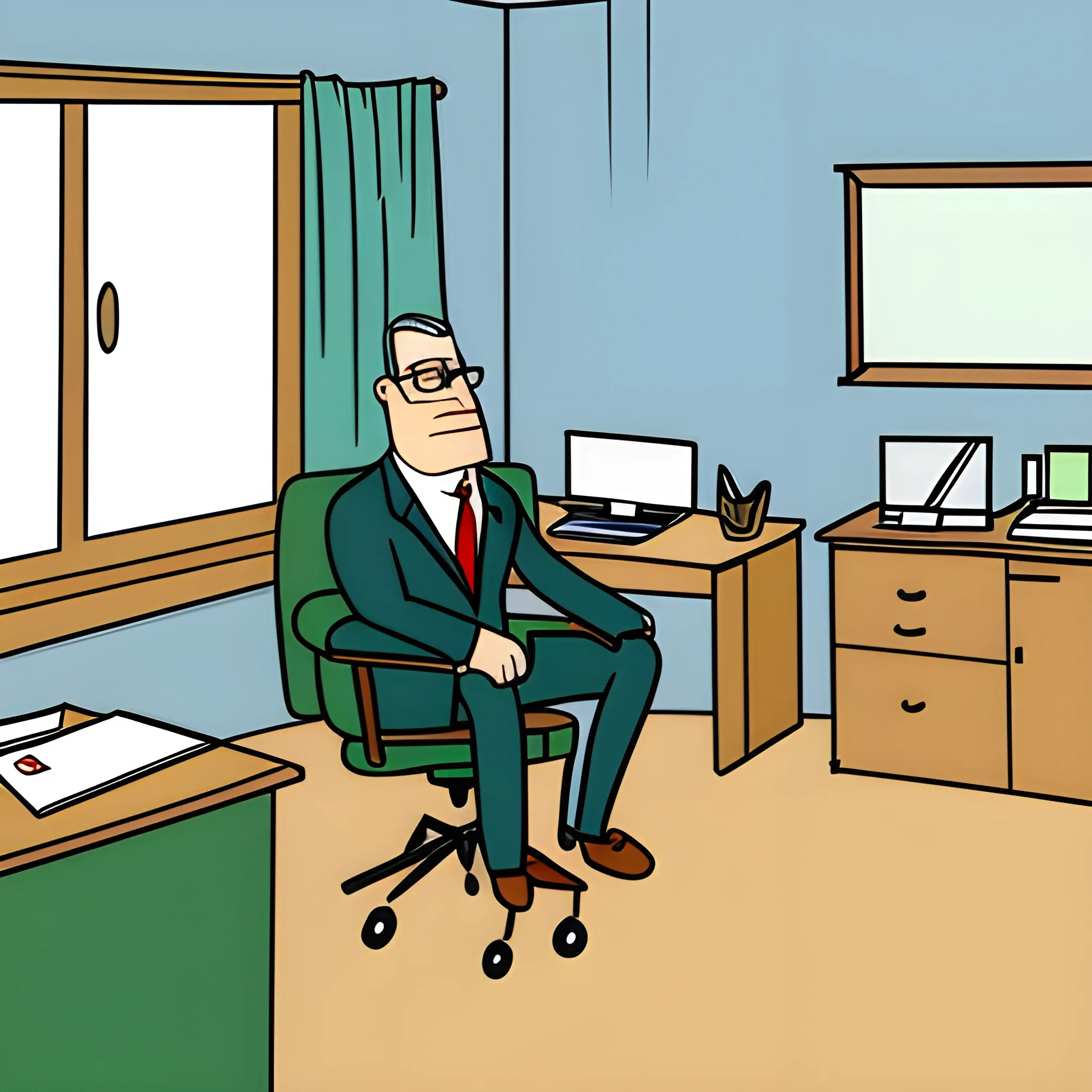 a young man sitting at the desk in his room, Cartoon