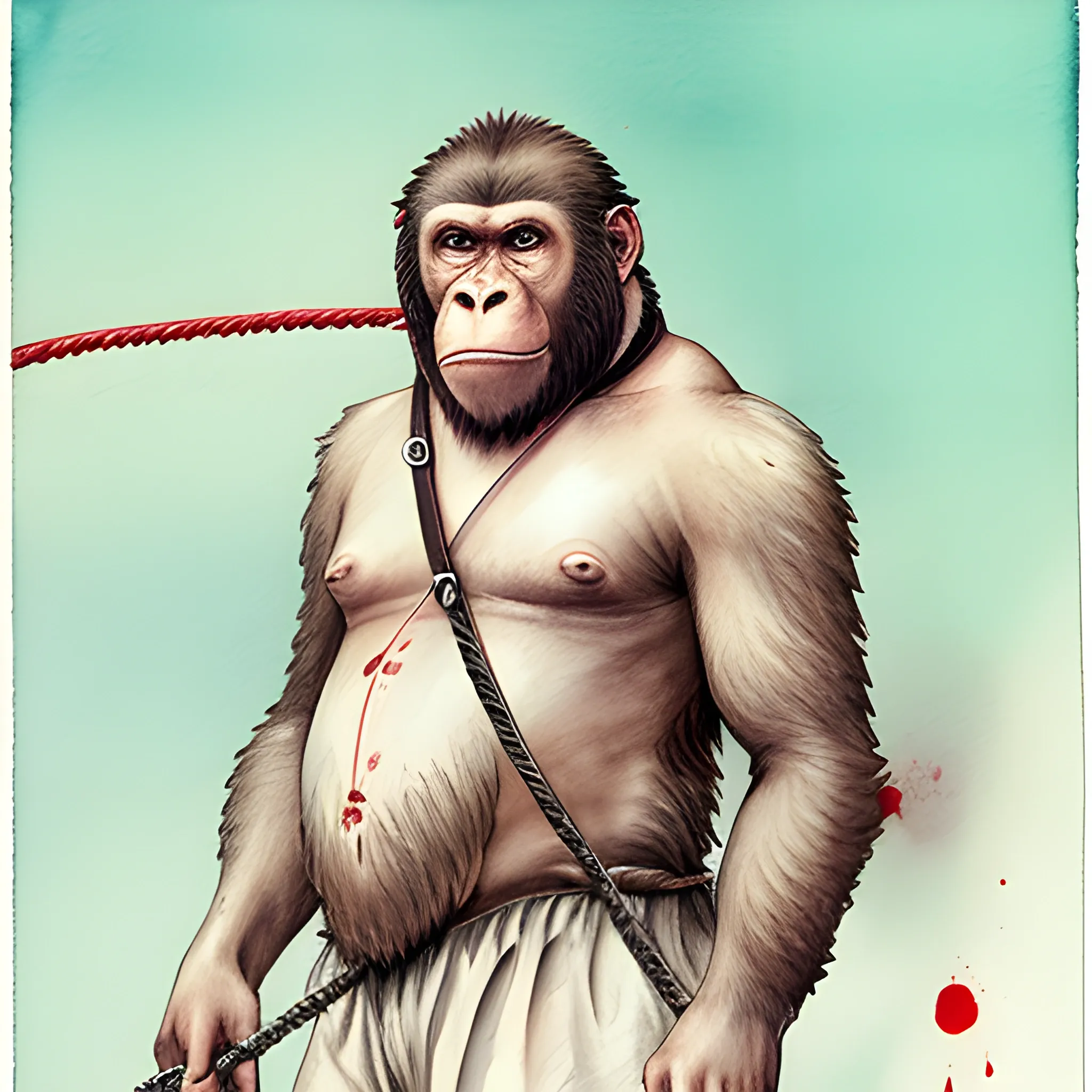 , Pencil Sketch, Water Color,  killer Ape cover with blood, french sailor with a leash, the leash tie to the neck of the ape, Goya Style, low saturation
