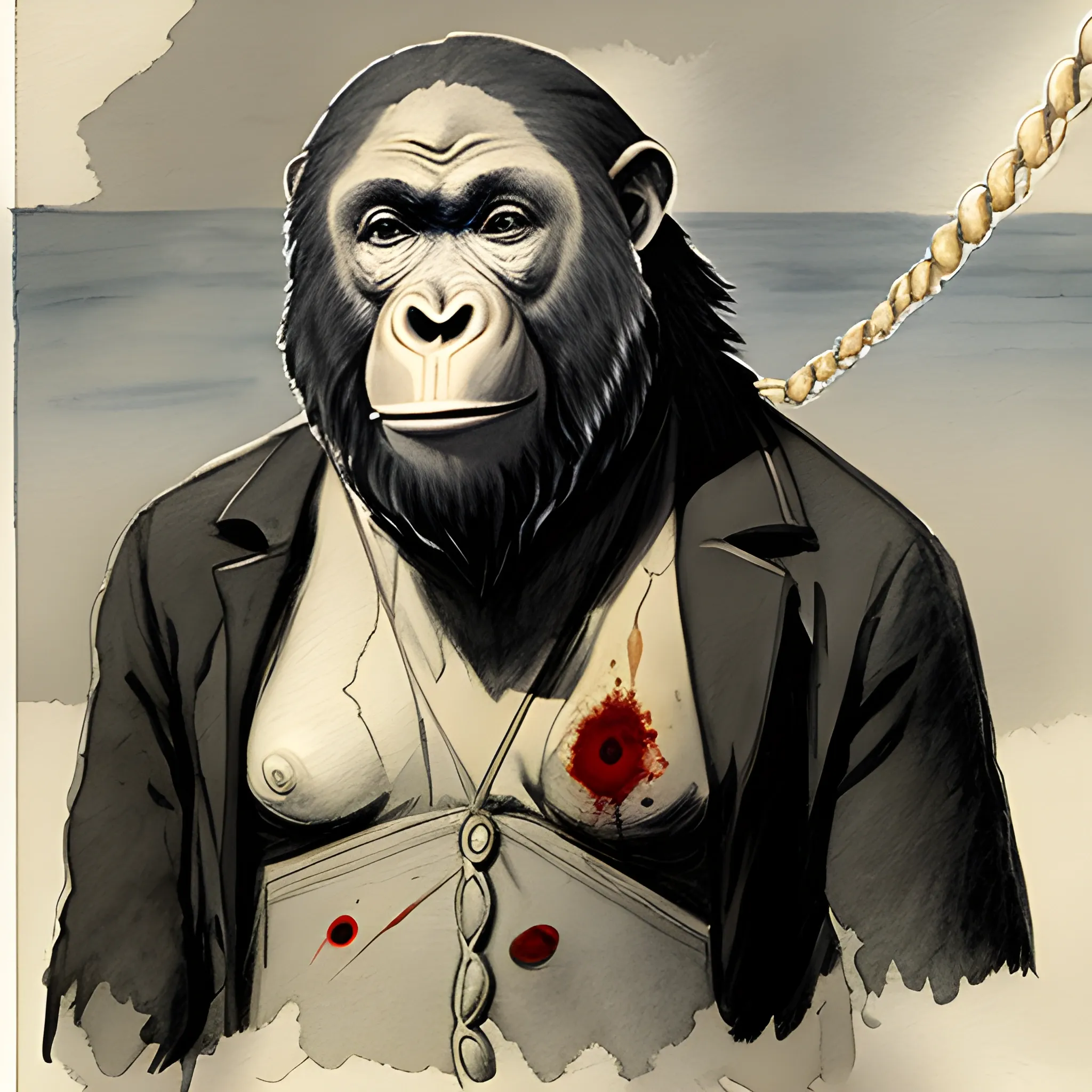 Goya Style, Pencil Sketch, Water Color,  killer Ape cover with blood, french sailor with a leash, the leash tie to the neck of the ape, Goya Style, low saturation, Dark and mystery atmosphera, low bright
