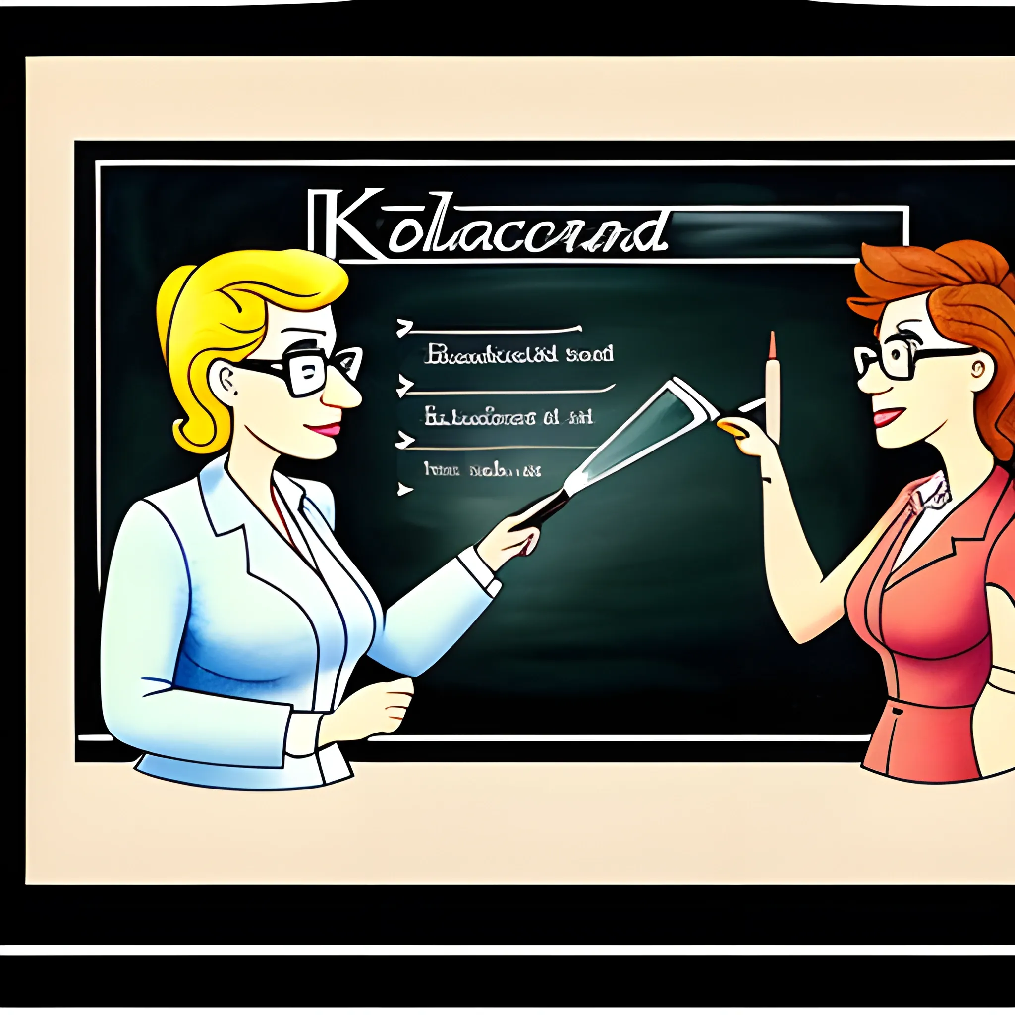 Knowledge distillation illustration, like a teacher teaching students with her distilled knowledge. The teacher show distilled knowledge from the blackboard, and student see the blackboard while image the knowledge from the teacher, Cartoon, Water Color