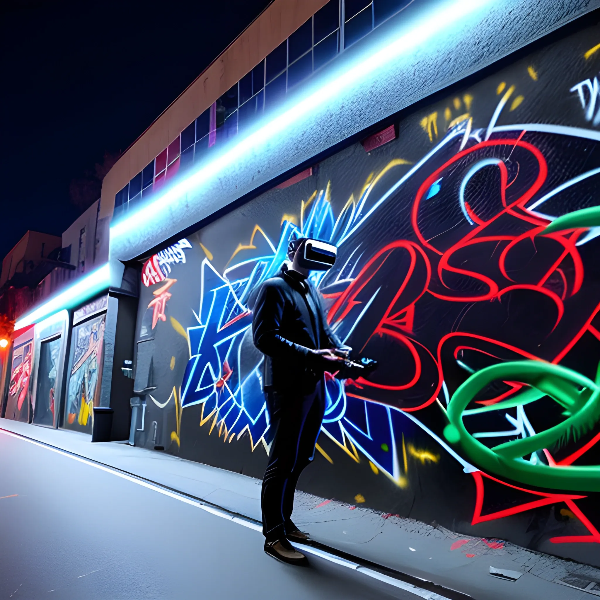 
A boy wearing VR glasses uses mobile phone lights to graffiti on the street at night
