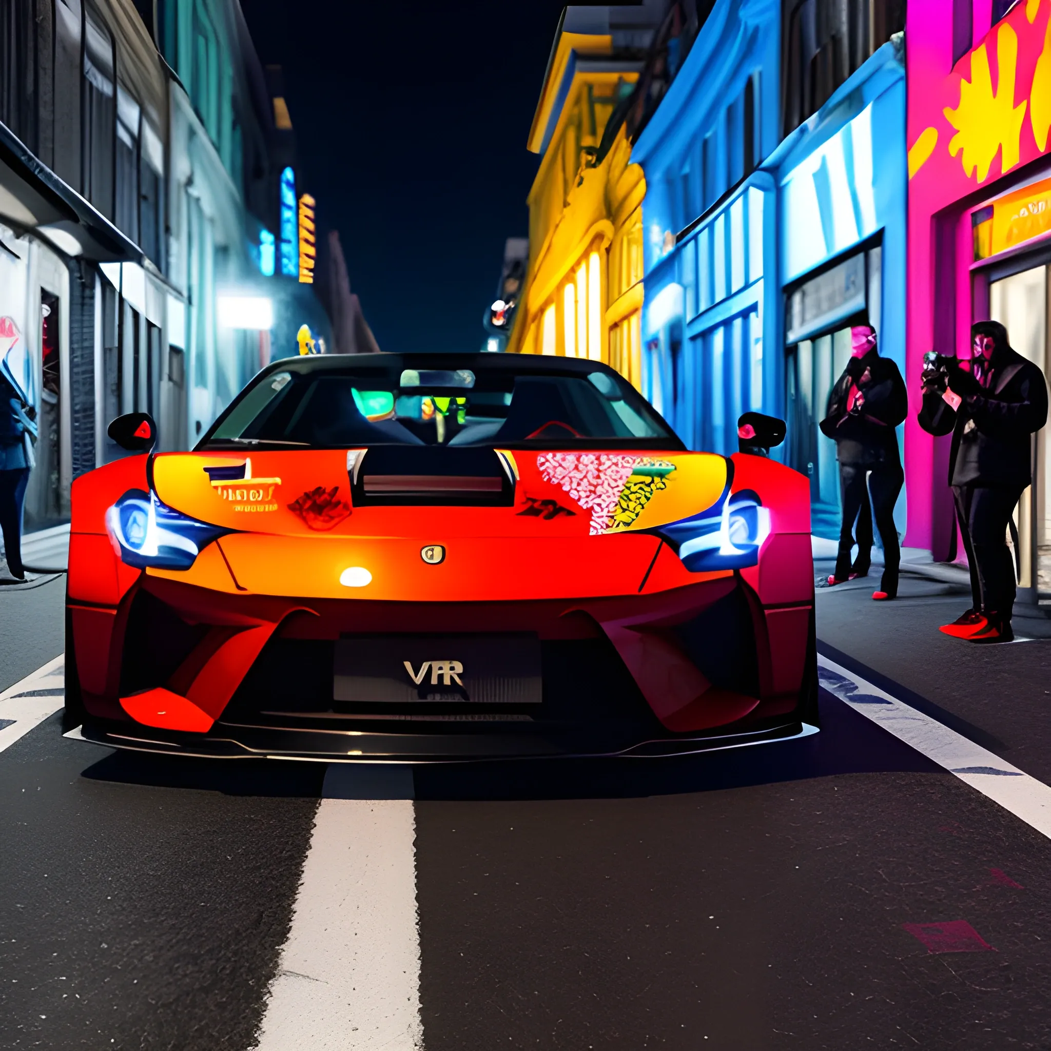 
A boy wearing VR glasses used the light of his mobile phone to paint graffiti on a sports car on the street at night.