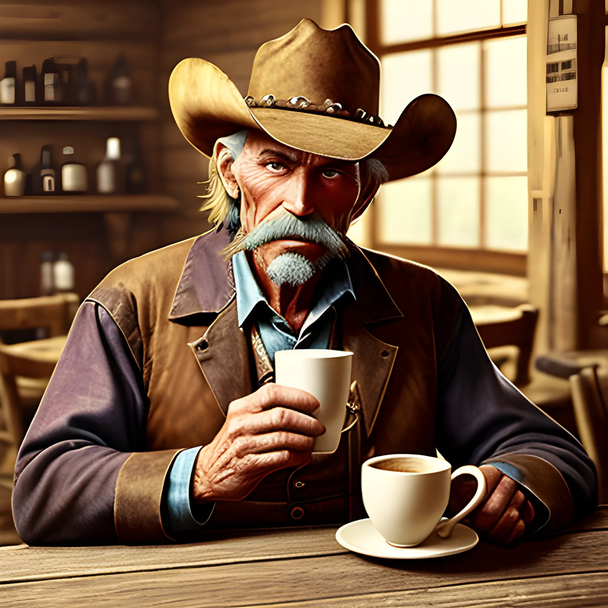 an older cowboy sitting in a saloon drinking a cup of coffee