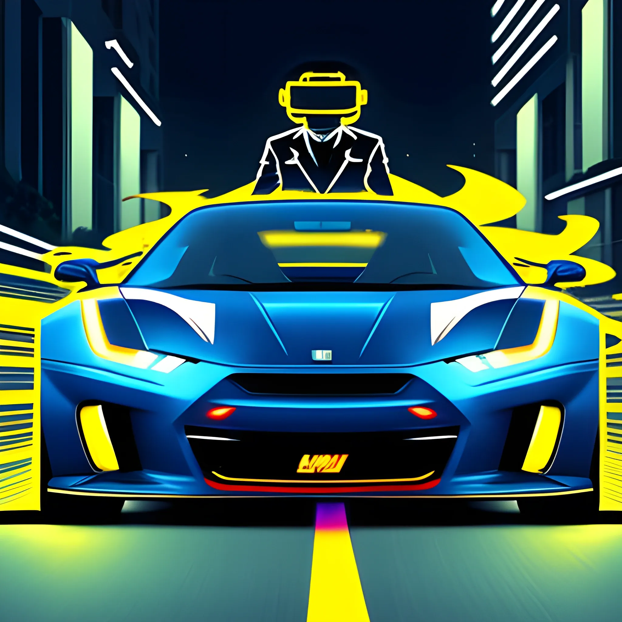 

A boy wearing VR glasses uses mobile phone lights to make light graffiti on a sports car on the street at night. High-definition comic style